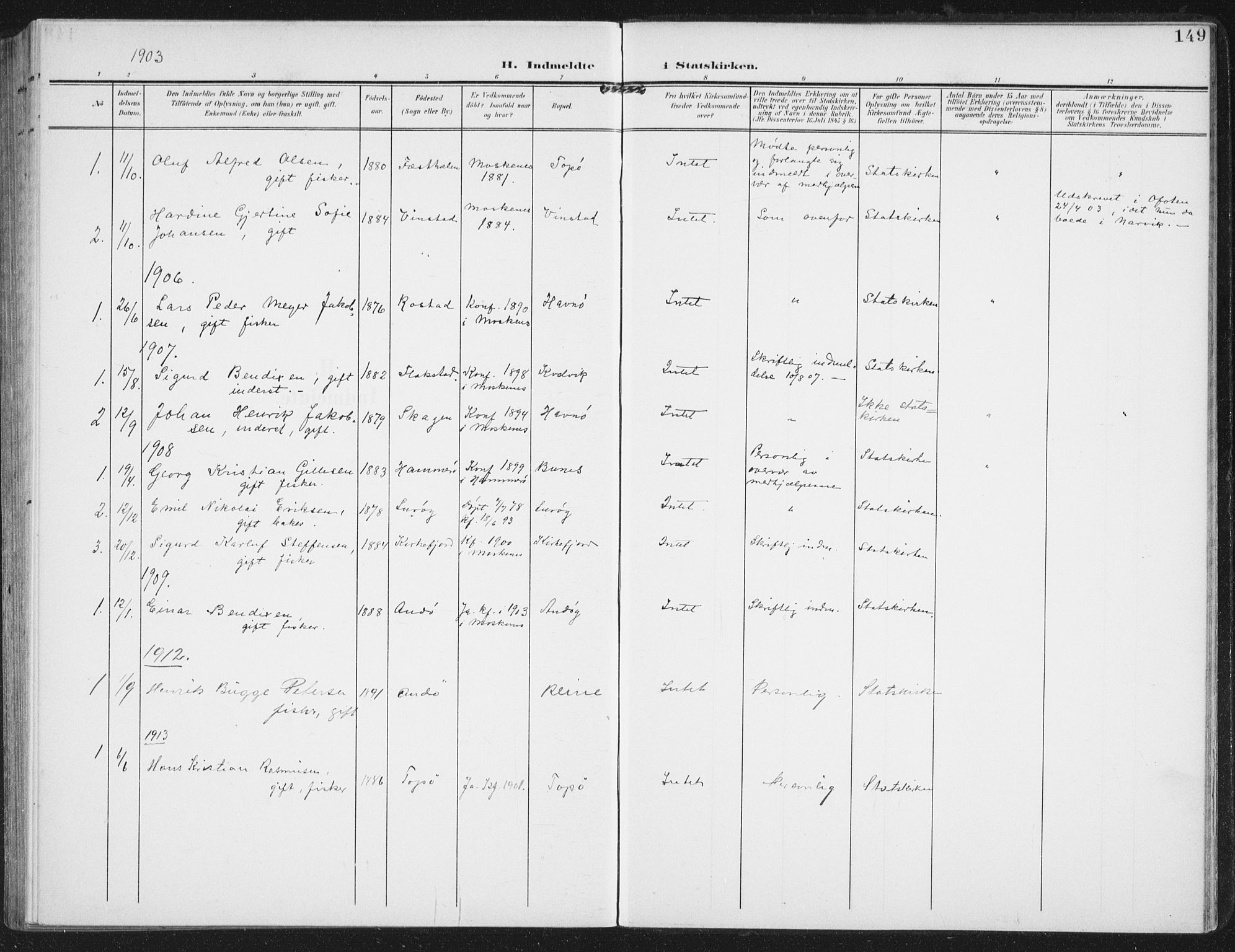 Ministerialprotokoller, klokkerbøker og fødselsregistre - Nordland, SAT/A-1459/886/L1221: Parish register (official) no. 886A03, 1903-1913, p. 149