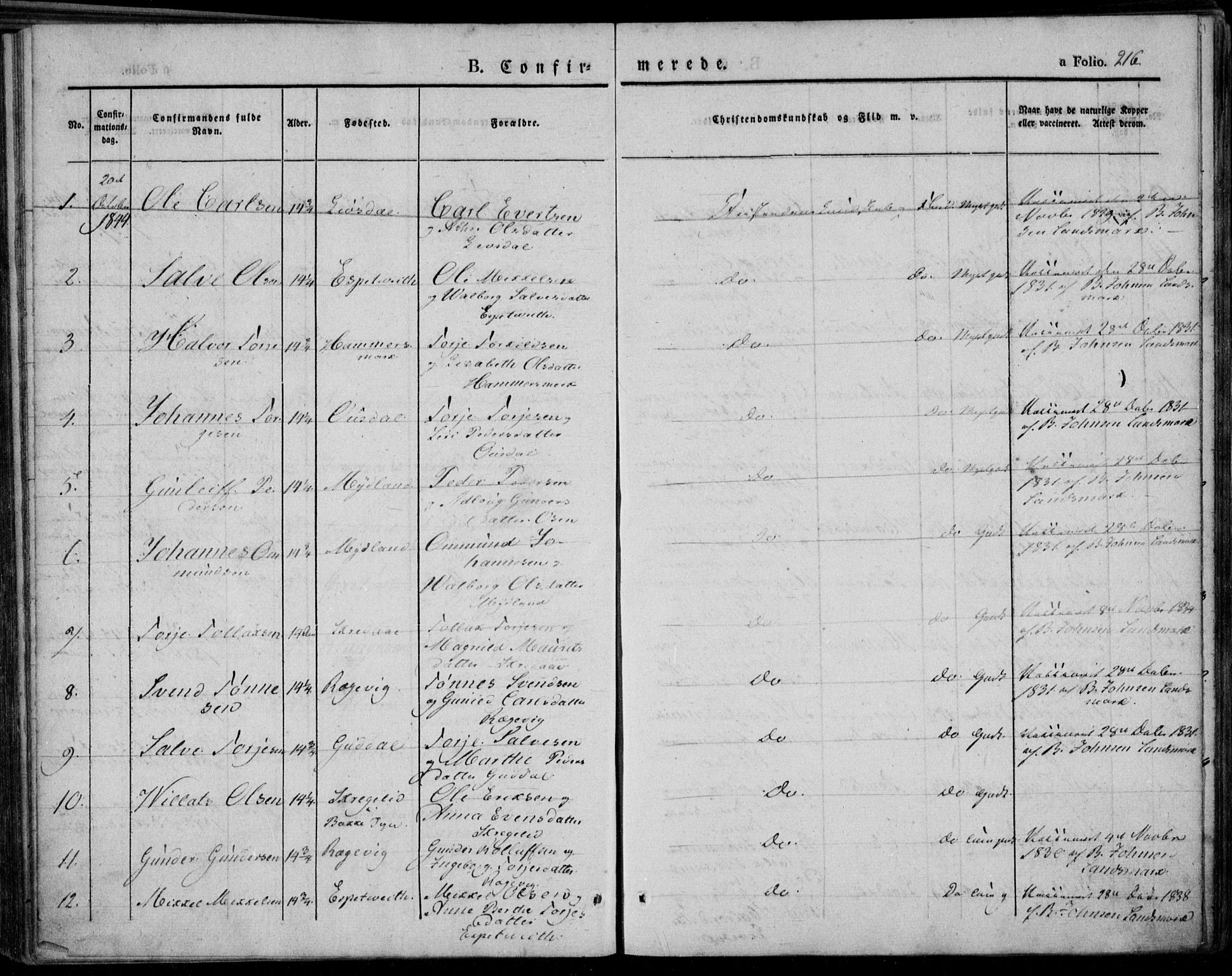 Bakke sokneprestkontor, AV/SAK-1111-0002/F/Fa/Faa/L0004: Parish register (official) no. A 4, 1834-1846, p. 216