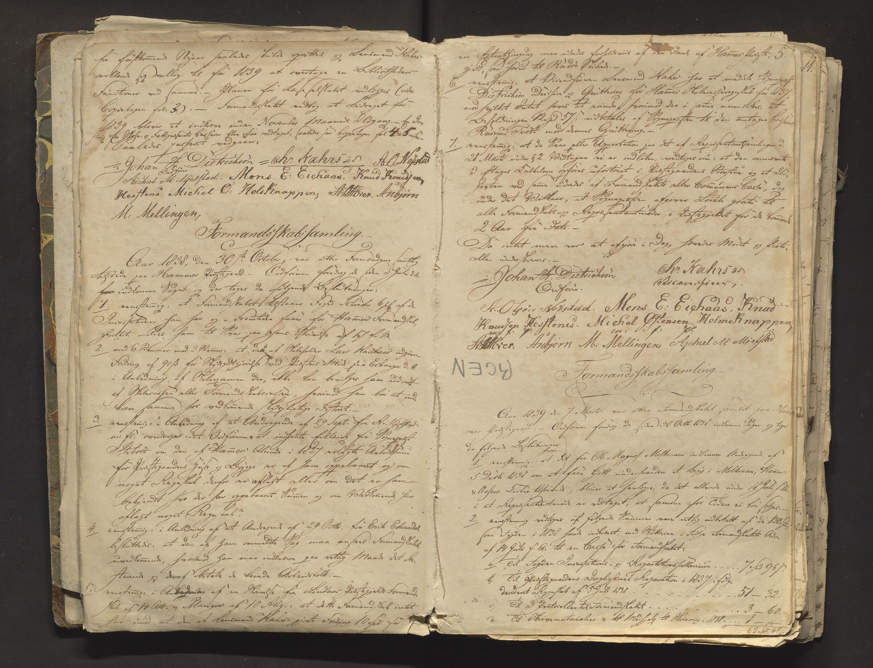 Hamre kommune. Formannskapet, IKAH/1254-021/A/Aa/L0001: Møtebok for formannskap, heradsstyre og soknestyra i Hamre, Åsane, Alversund og Meland, 1838-1857