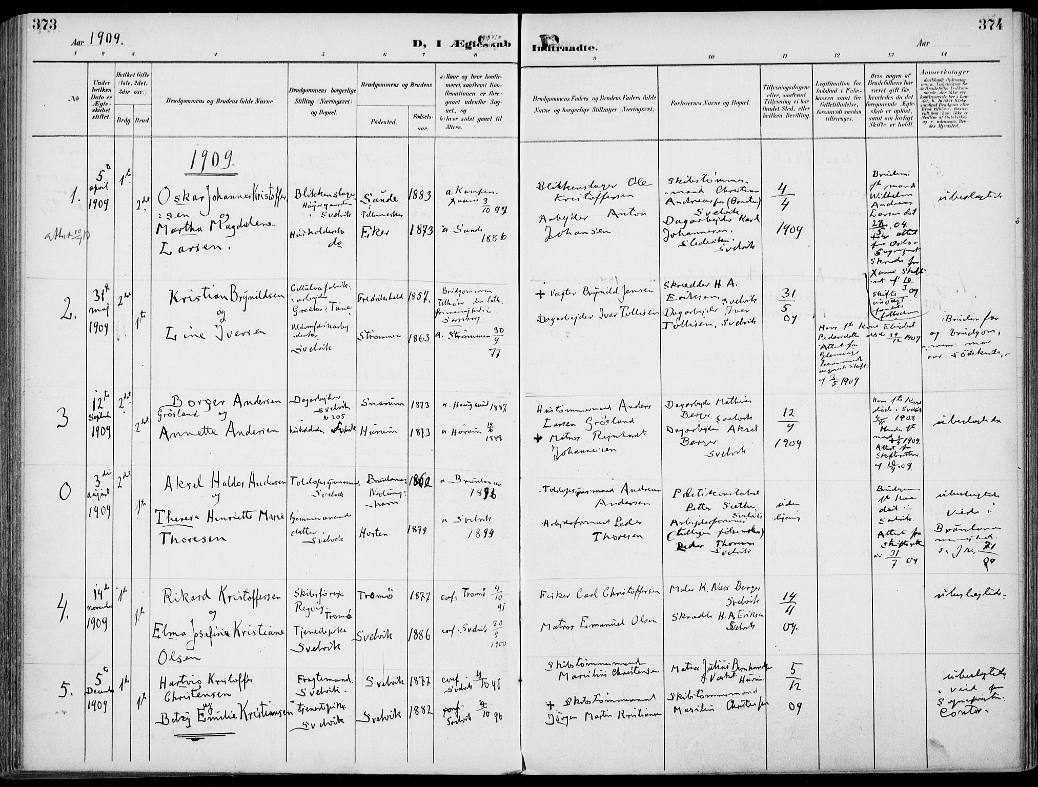 Strømm kirkebøker, AV/SAKO-A-322/F/Fb/L0002: Parish register (official) no. II 2, 1900-1919, p. 373-374