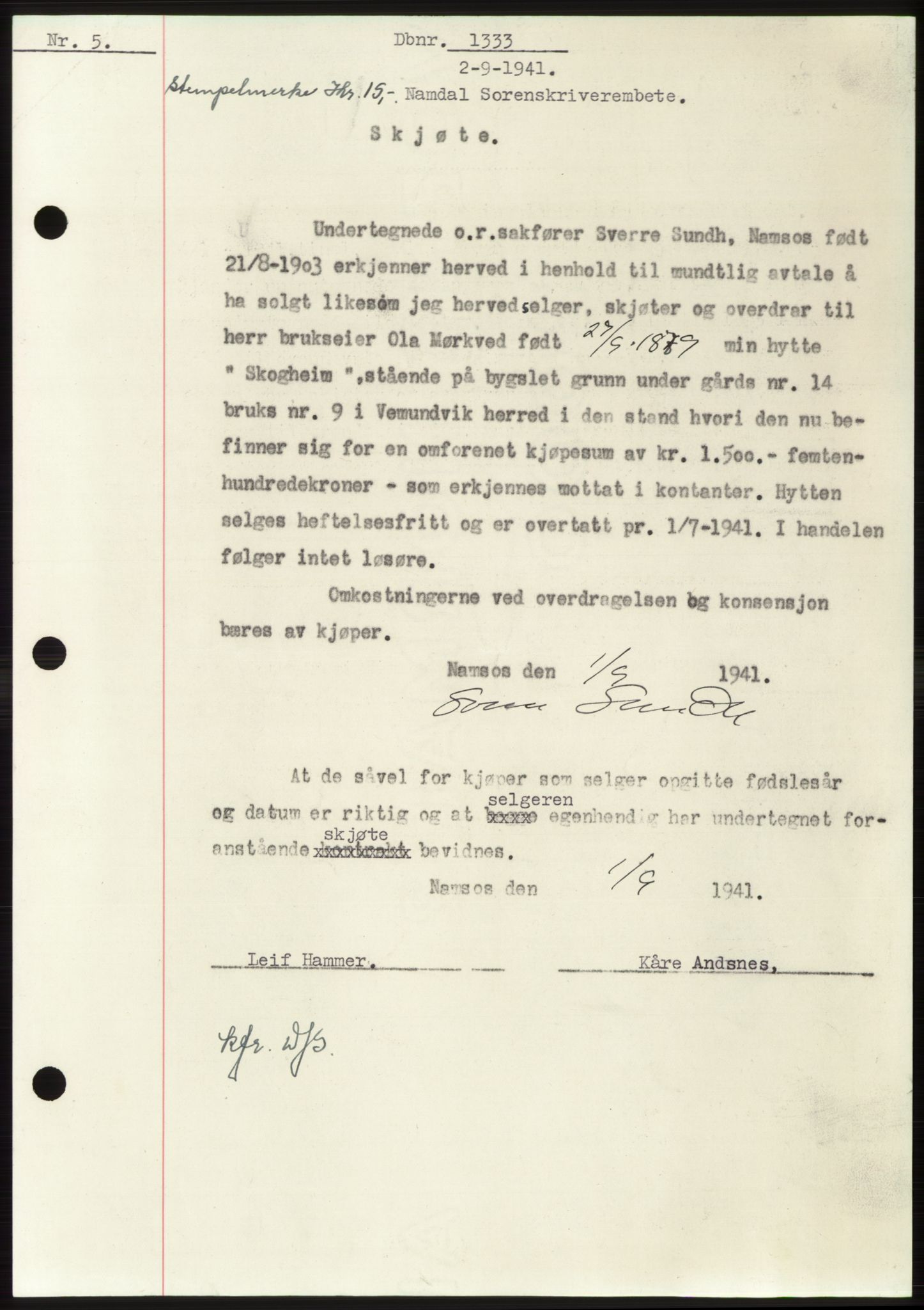 Namdal sorenskriveri, AV/SAT-A-4133/1/2/2C: Mortgage book no. -, 1941-1942, Diary no: : 1333/1941