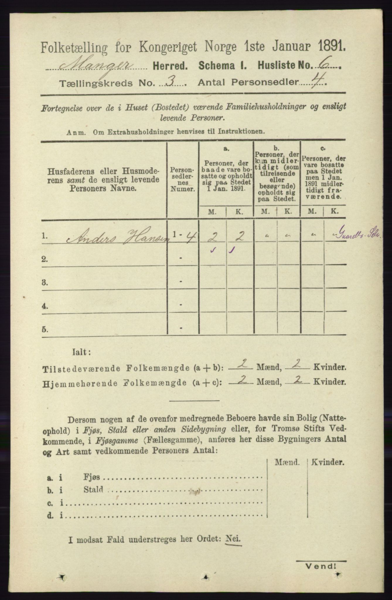 RA, 1891 census for 1261 Manger, 1891, p. 1348