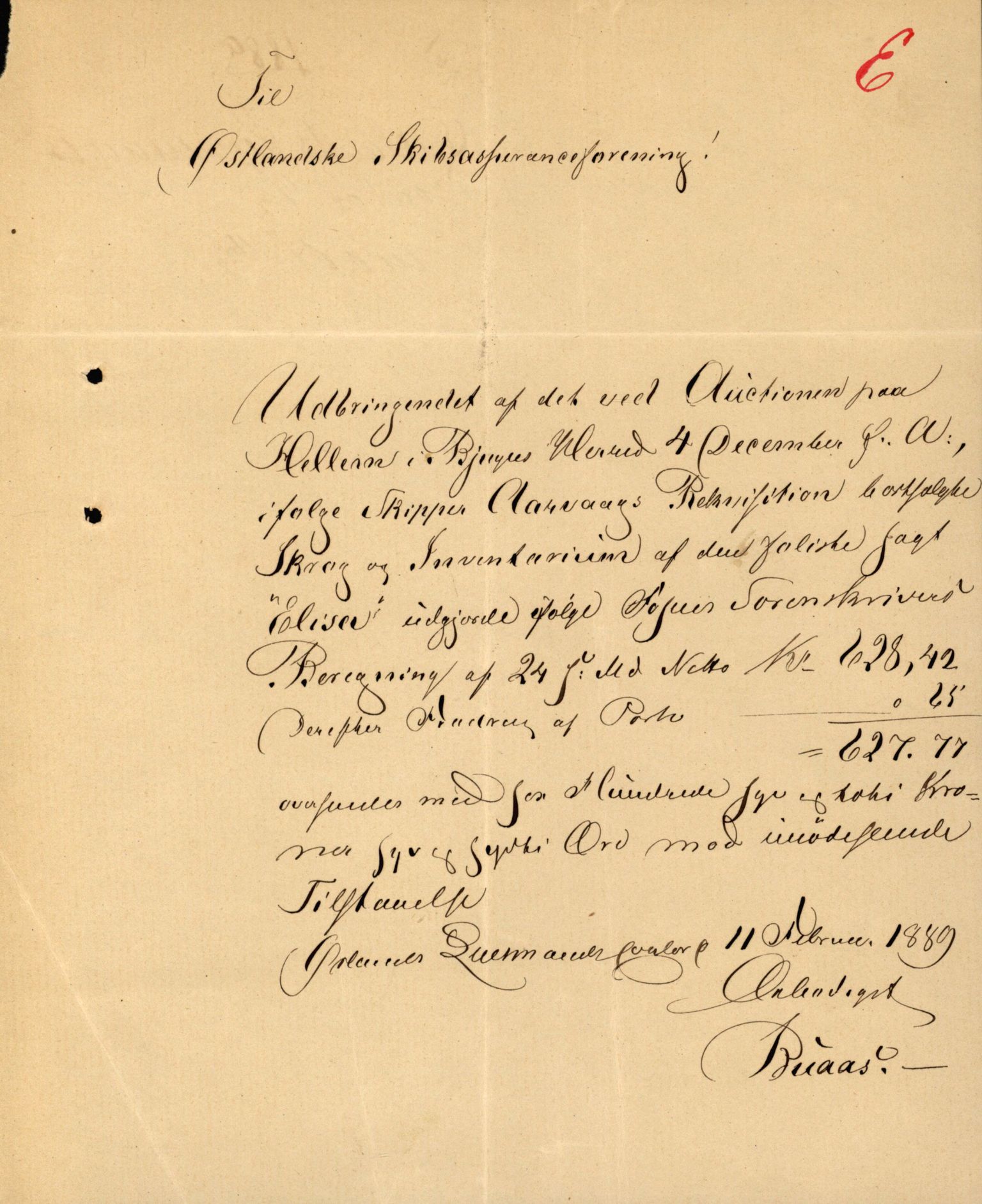 Pa 63 - Østlandske skibsassuranceforening, VEMU/A-1079/G/Ga/L0022/0004: Havaridokumenter / Try, Tre Brødre, Vidar, Elisa, Dagny, 1888, p. 47