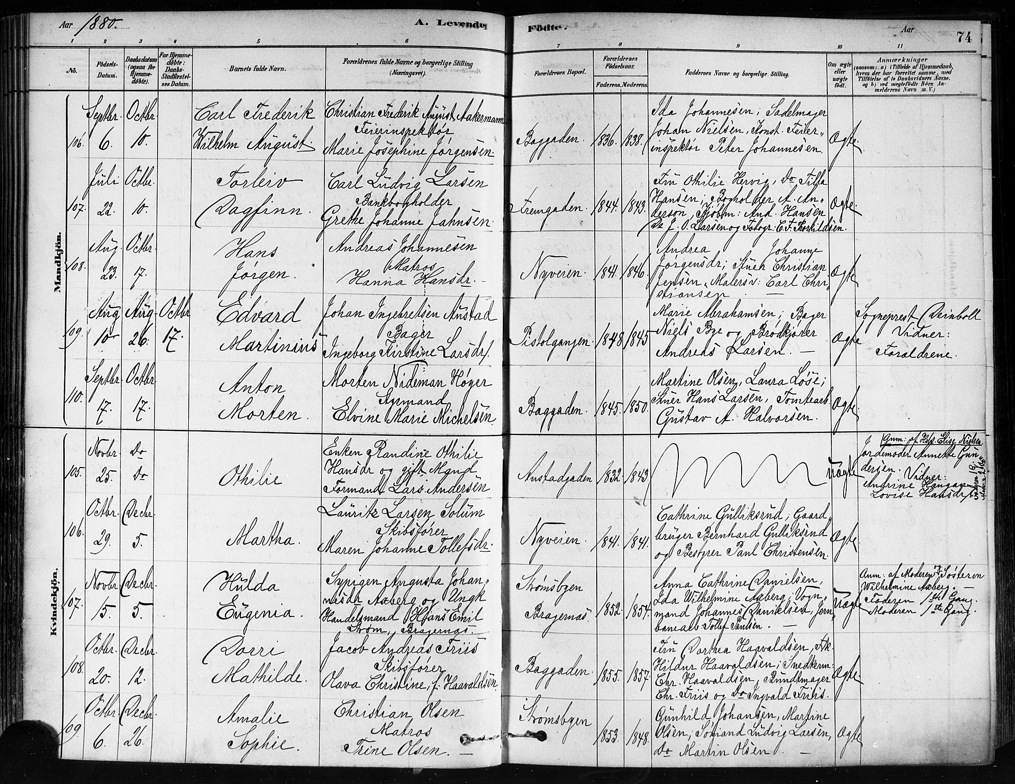 Strømsø kirkebøker, SAKO/A-246/F/Fa/L0021: Parish register (official) no. I 21, 1878-1885, p. 74