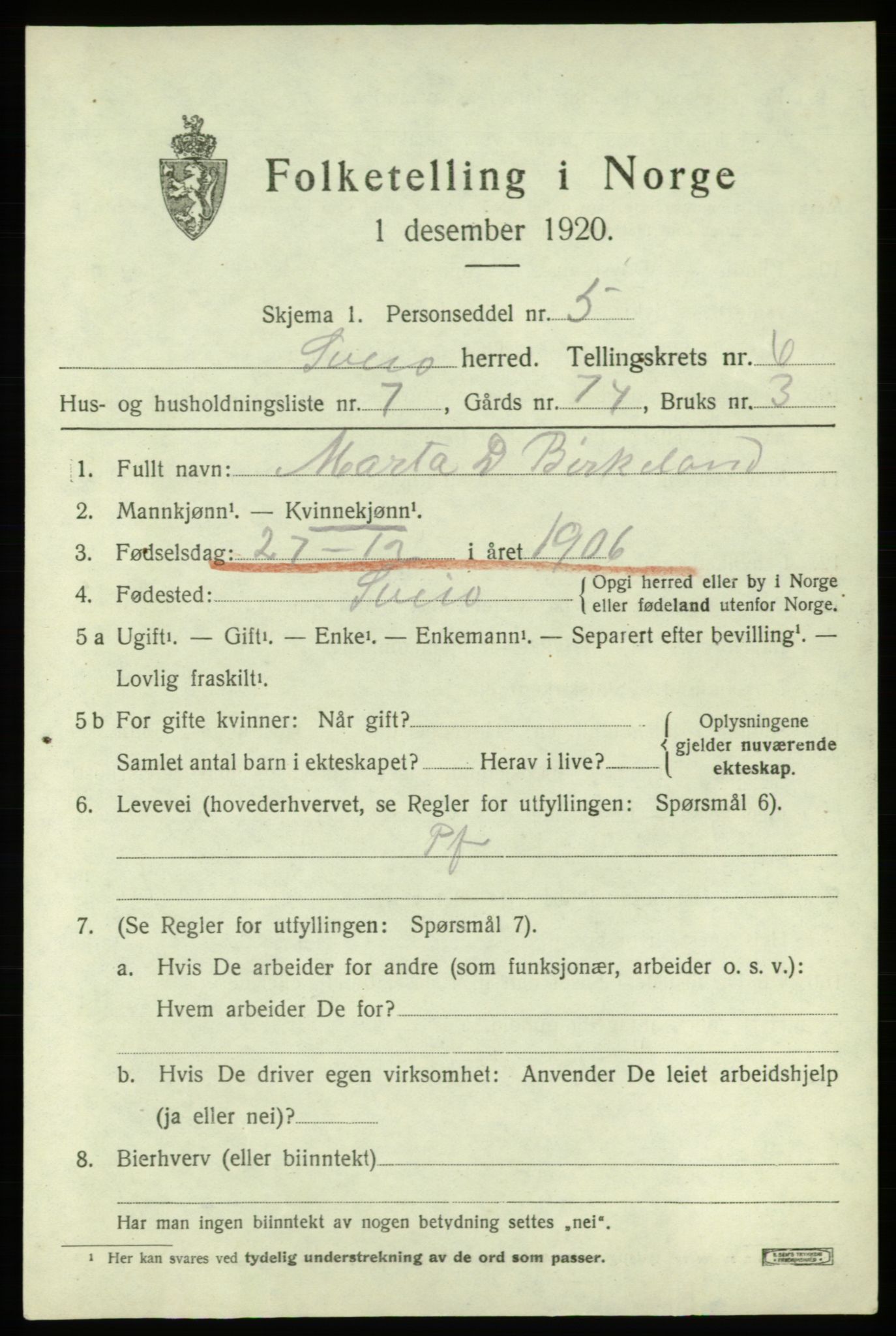 SAB, 1920 census for Sveio, 1920, p. 2956