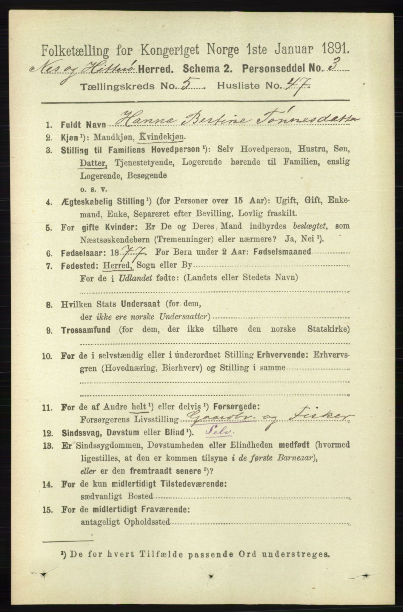 RA, 1891 census for 1043 Hidra og Nes, 1891, p. 2082