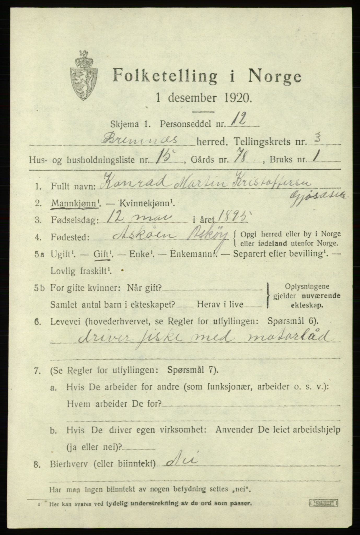 SAB, 1920 census for Bremnes, 1920, p. 1762