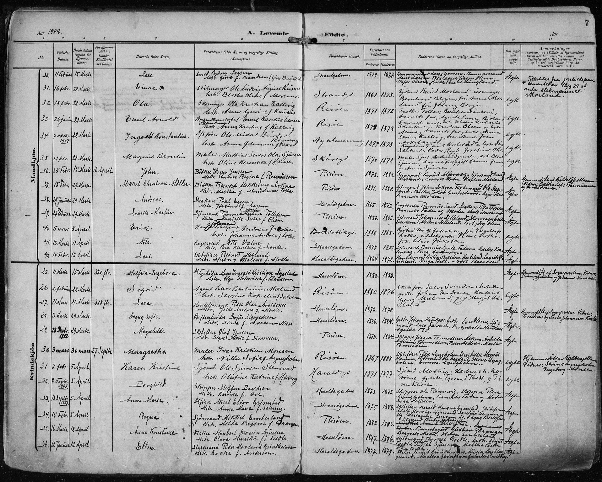 Haugesund sokneprestkontor, AV/SAST-A -101863/H/Ha/Haa/L0008: Parish register (official) no. A 8, 1908-1921, p. 7