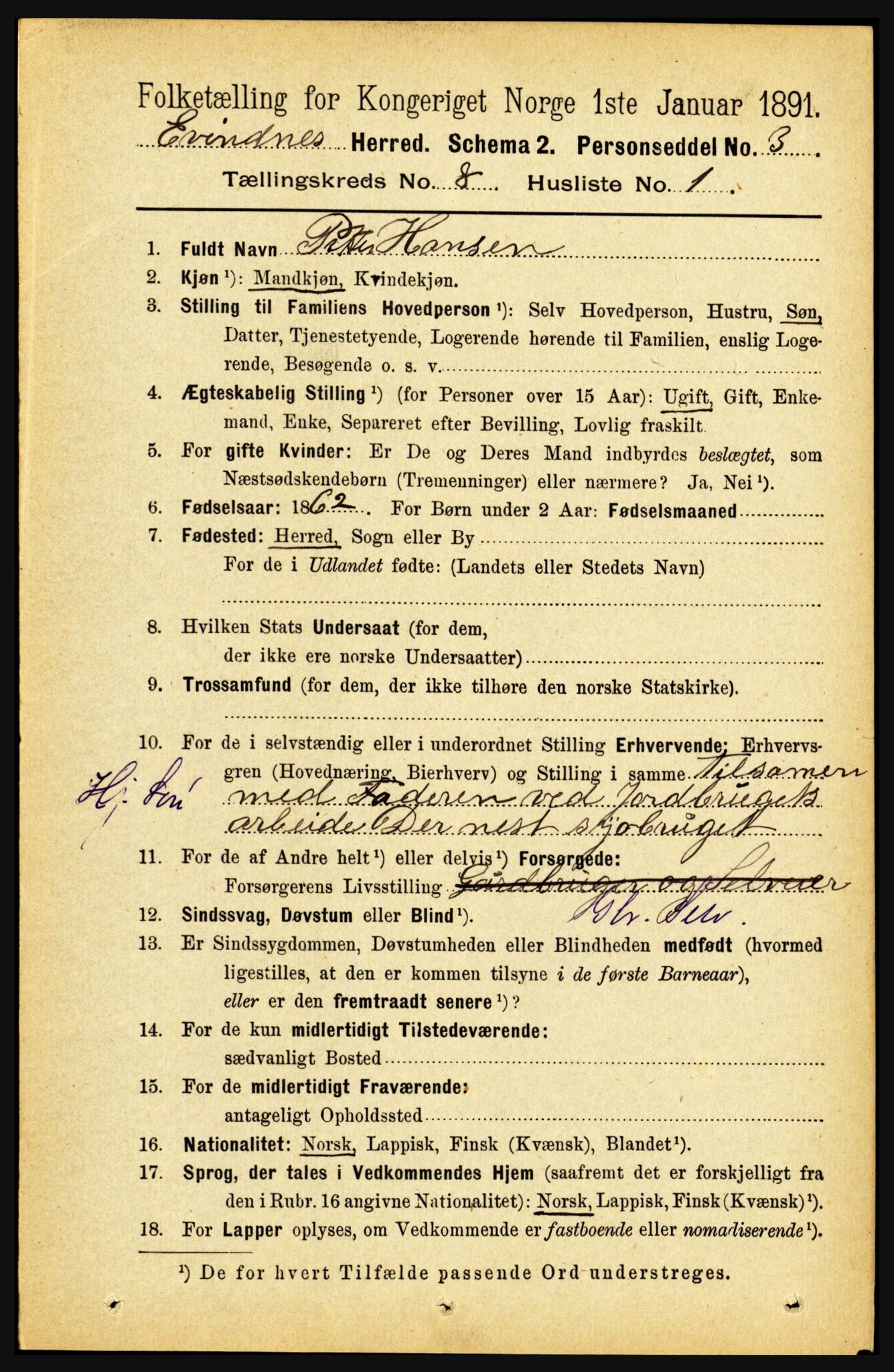 RA, 1891 census for 1853 Evenes, 1891, p. 2514