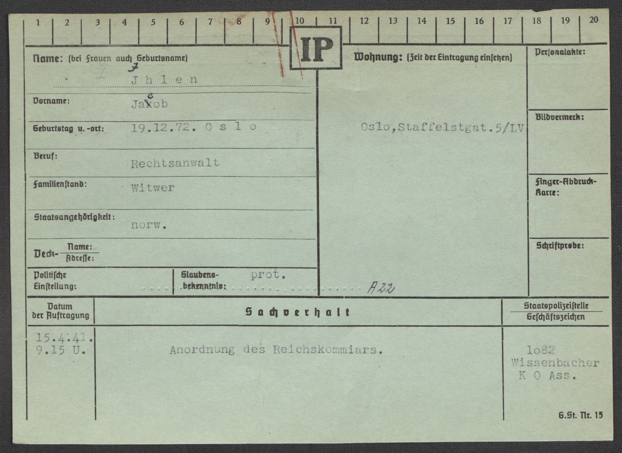 Befehlshaber der Sicherheitspolizei und des SD, AV/RA-RAFA-5969/E/Ea/Eaa/L0005: Register over norske fanger i Møllergata 19: Hø-Kj, 1940-1945, p. 116