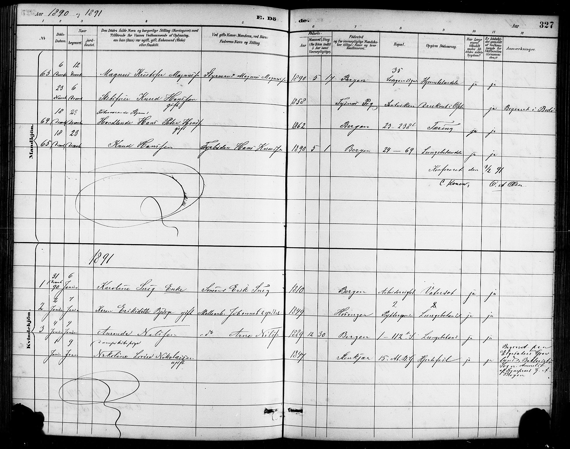 Sandviken Sokneprestembete, SAB/A-77601/H/Hb/L0002: Parish register (copy) no. A 3, 1888-1902, p. 327