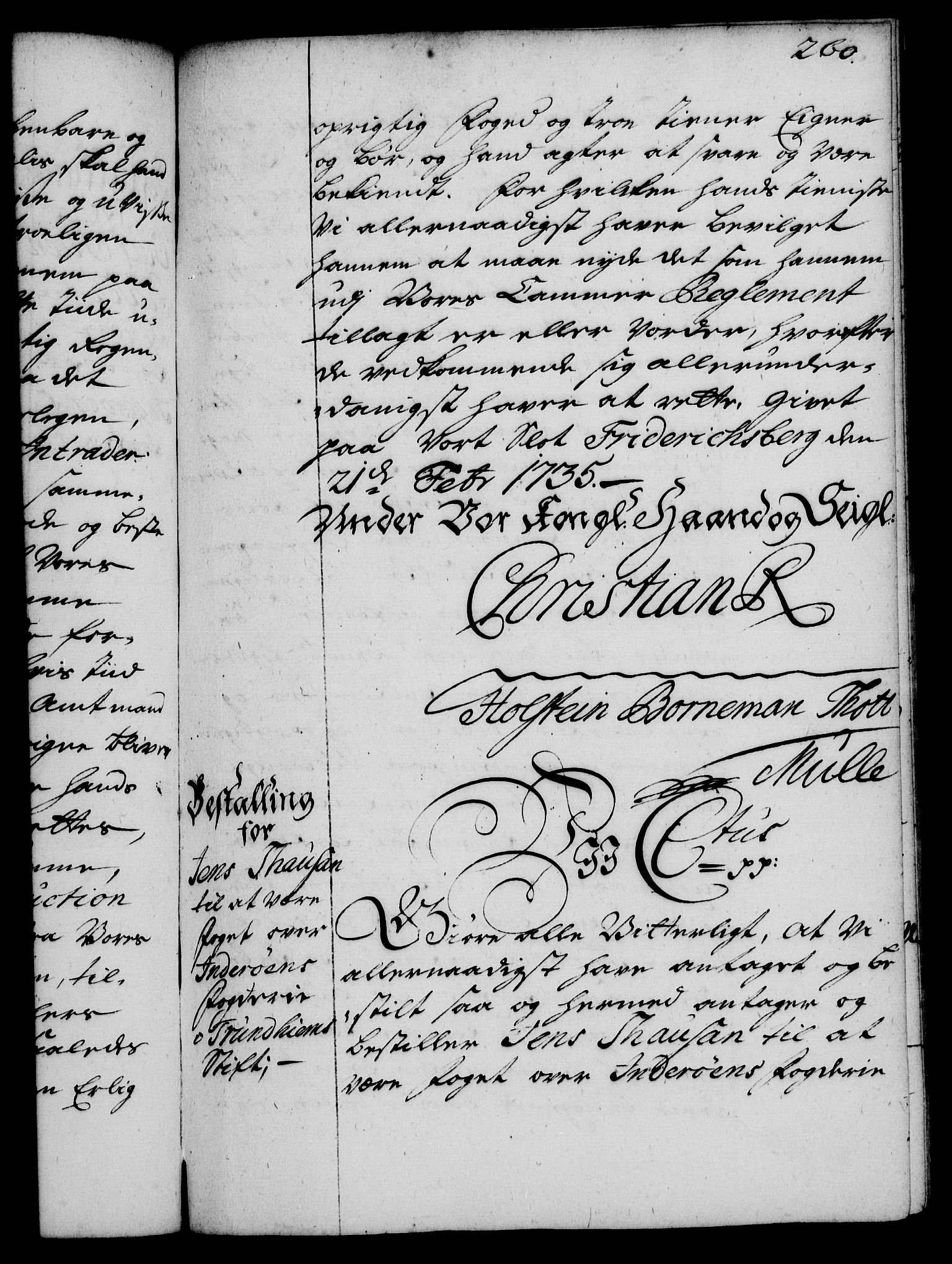 Rentekammeret, Kammerkanselliet, RA/EA-3111/G/Gg/Gge/L0002: Norsk bestallingsprotokoll med register (merket RK 53.26), 1730-1744, p. 260