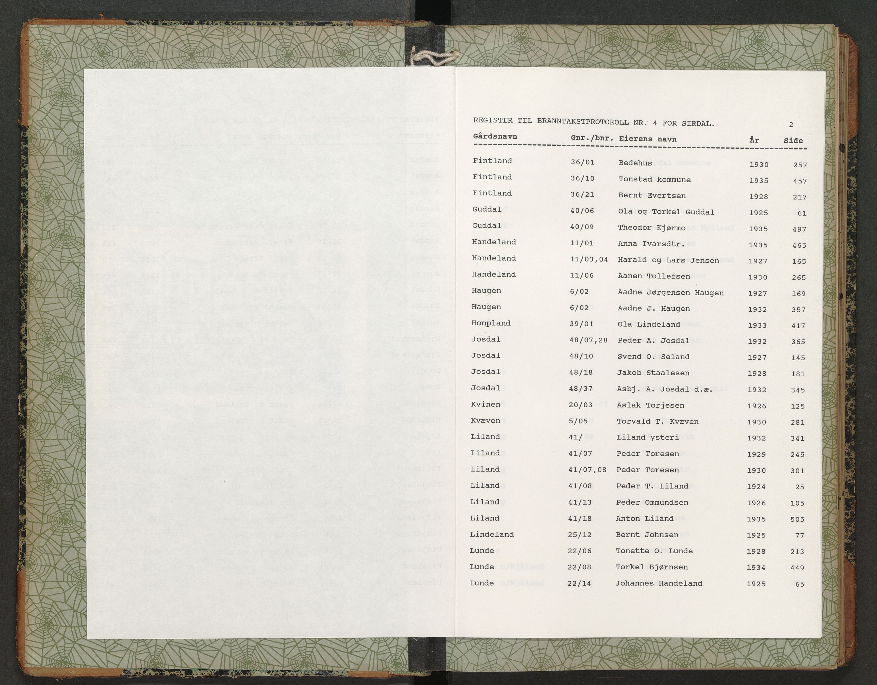 Norges Brannkasse Sirdal, AV/SAK-2241-0044/F/Fa/L0005: Branntakstprotokoll nr. 4 med gårdsnavnregister, 1924-1935