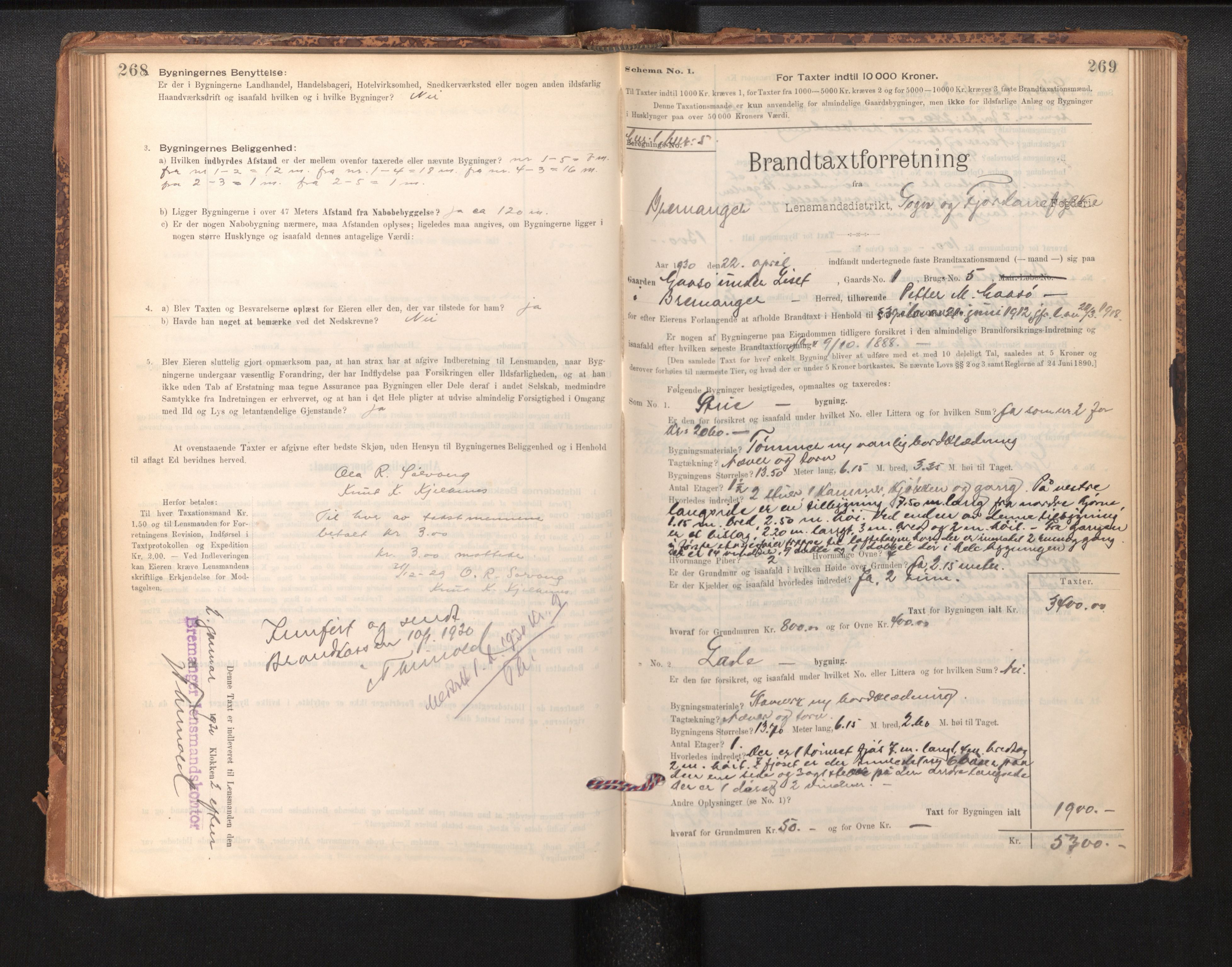 Lensmannen i Bremanger, SAB/A-26701/0012/L0007: Branntakstprotokoll, skjematakst, 1895-1936, p. 268-269