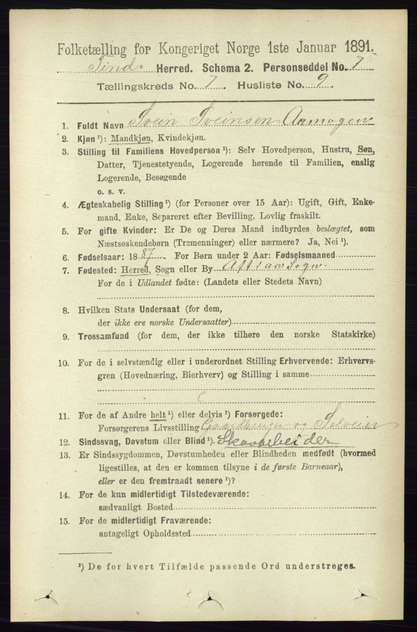 RA, 1891 census for 0826 Tinn, 1891, p. 1482