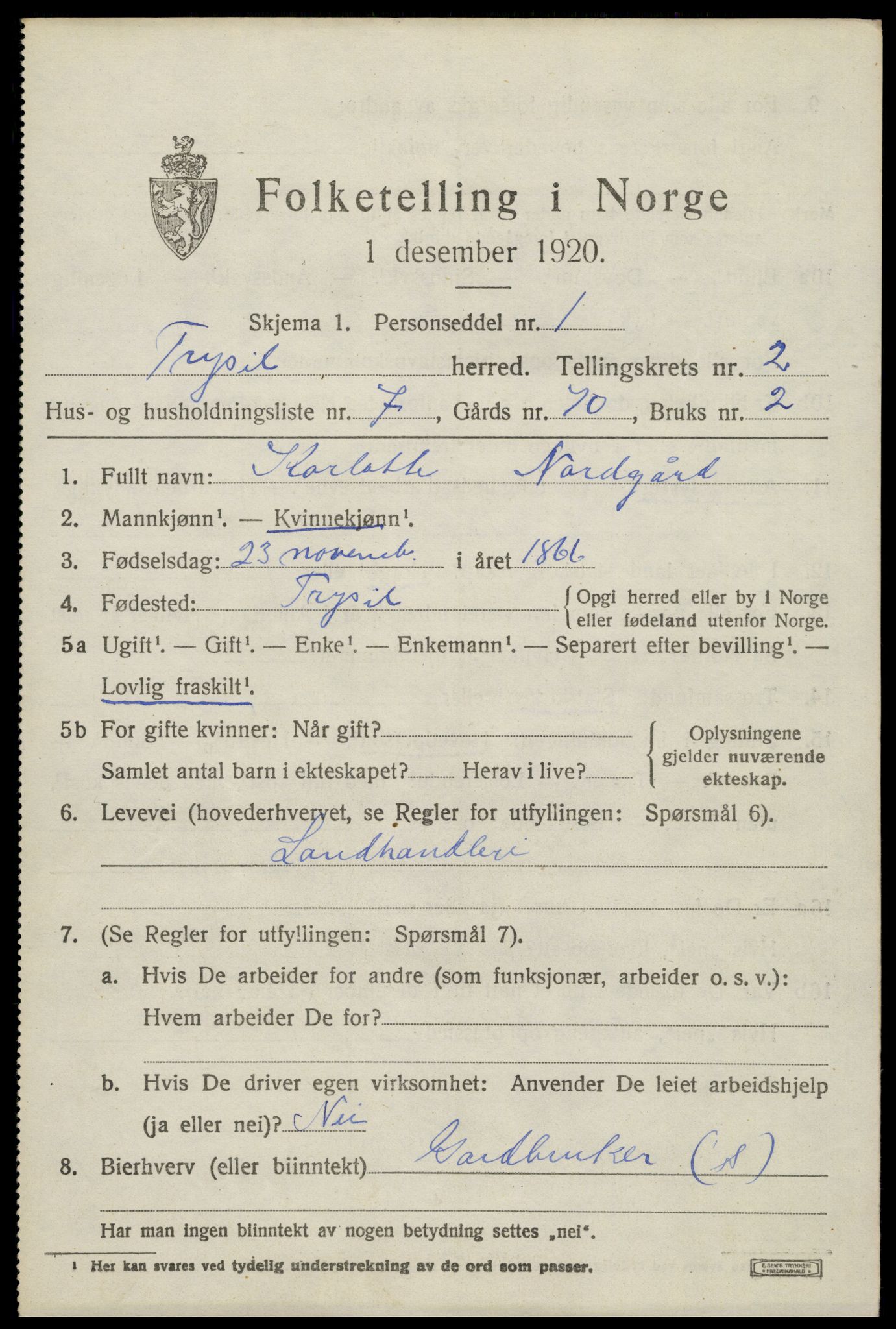 SAH, 1920 census for Trysil, 1920, p. 3153