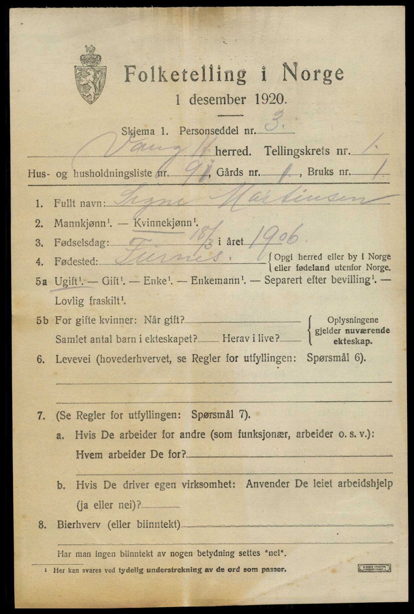 SAH, 1920 census for Vang (Hedmark), 1920, p. 4213