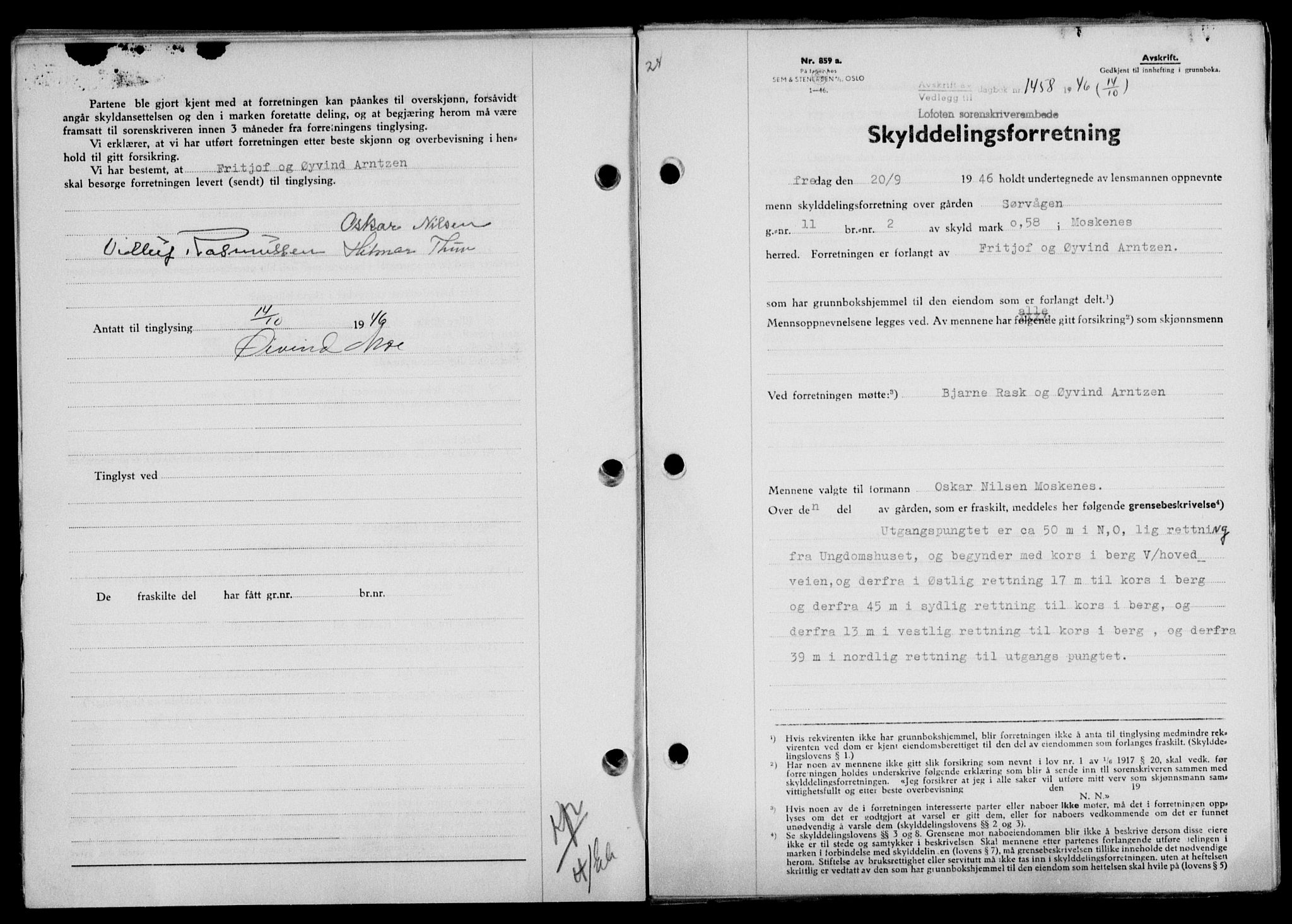 Lofoten sorenskriveri, SAT/A-0017/1/2/2C/L0014a: Mortgage book no. 14a, 1946-1946, Diary no: : 1458/1946
