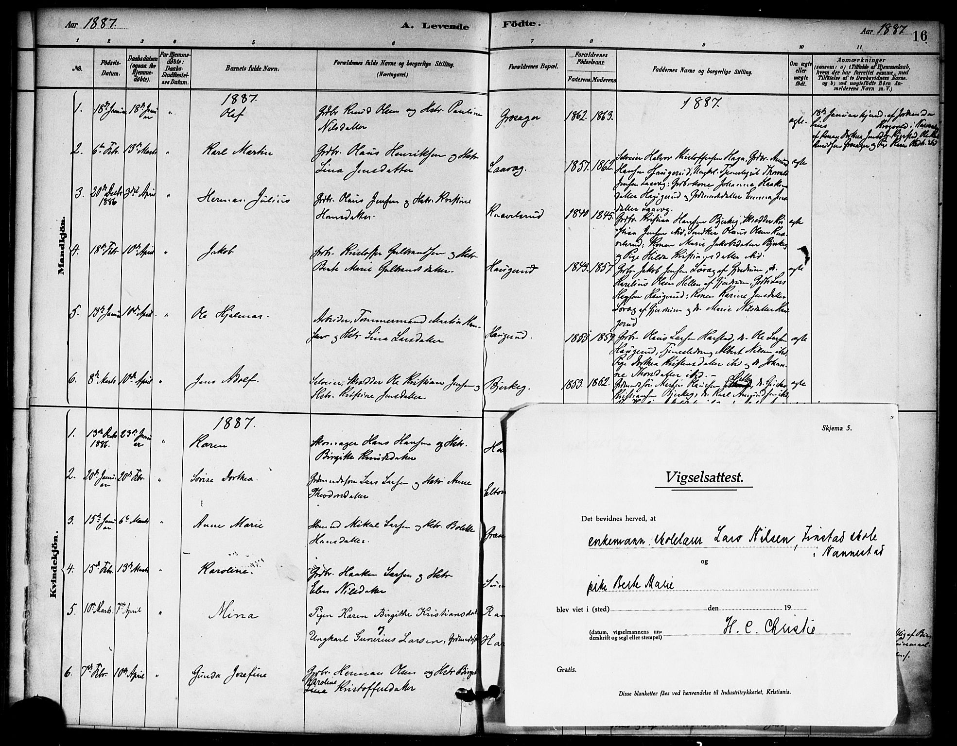 Nannestad prestekontor Kirkebøker, SAO/A-10414a/F/Fb/L0001: Parish register (official) no. II 1, 1881-1890, p. 16