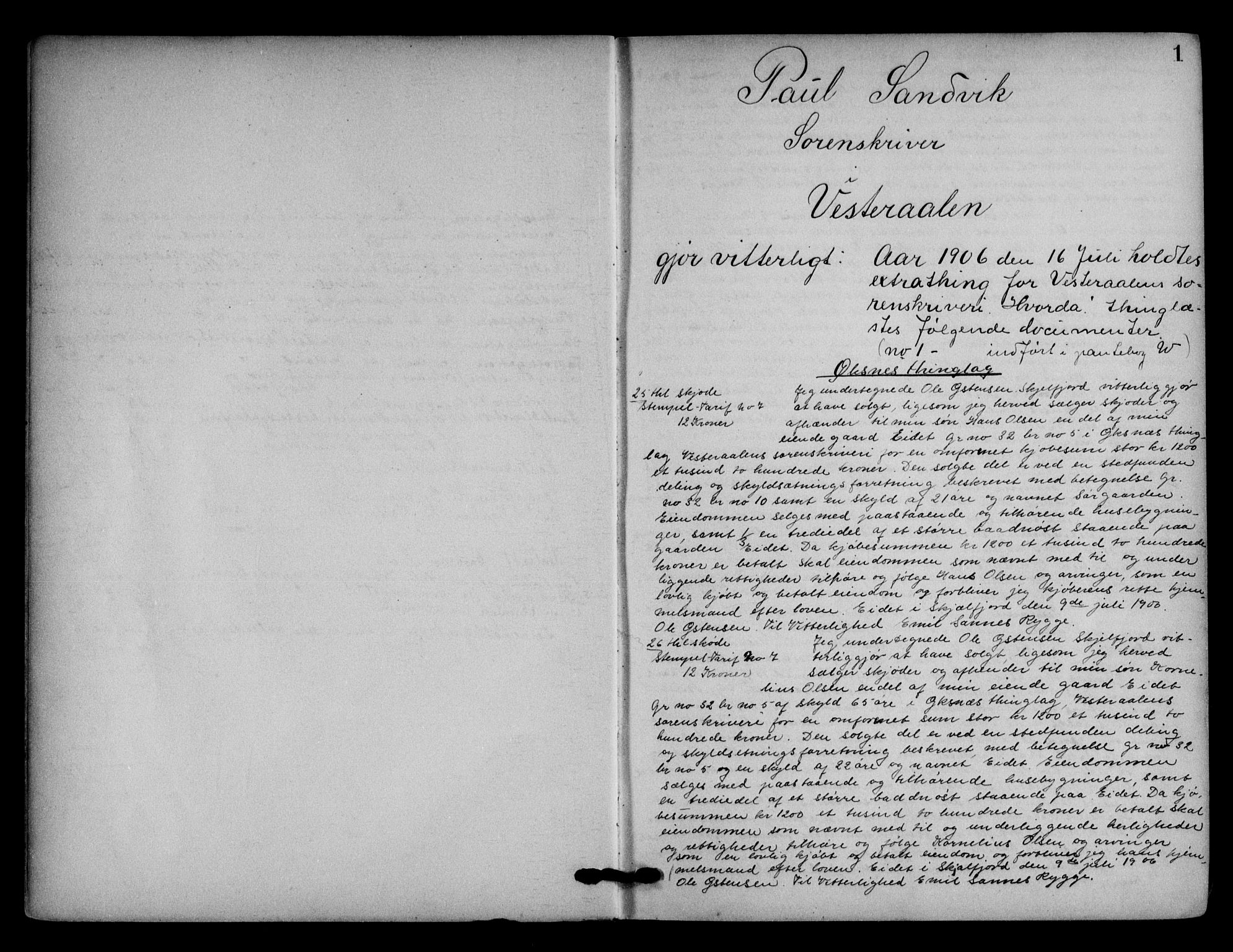 Vesterålen sorenskriveri, SAT/A-4180/1/2/2Ca/L0029: Mortgage book no. X, 1906-1909, p. 1