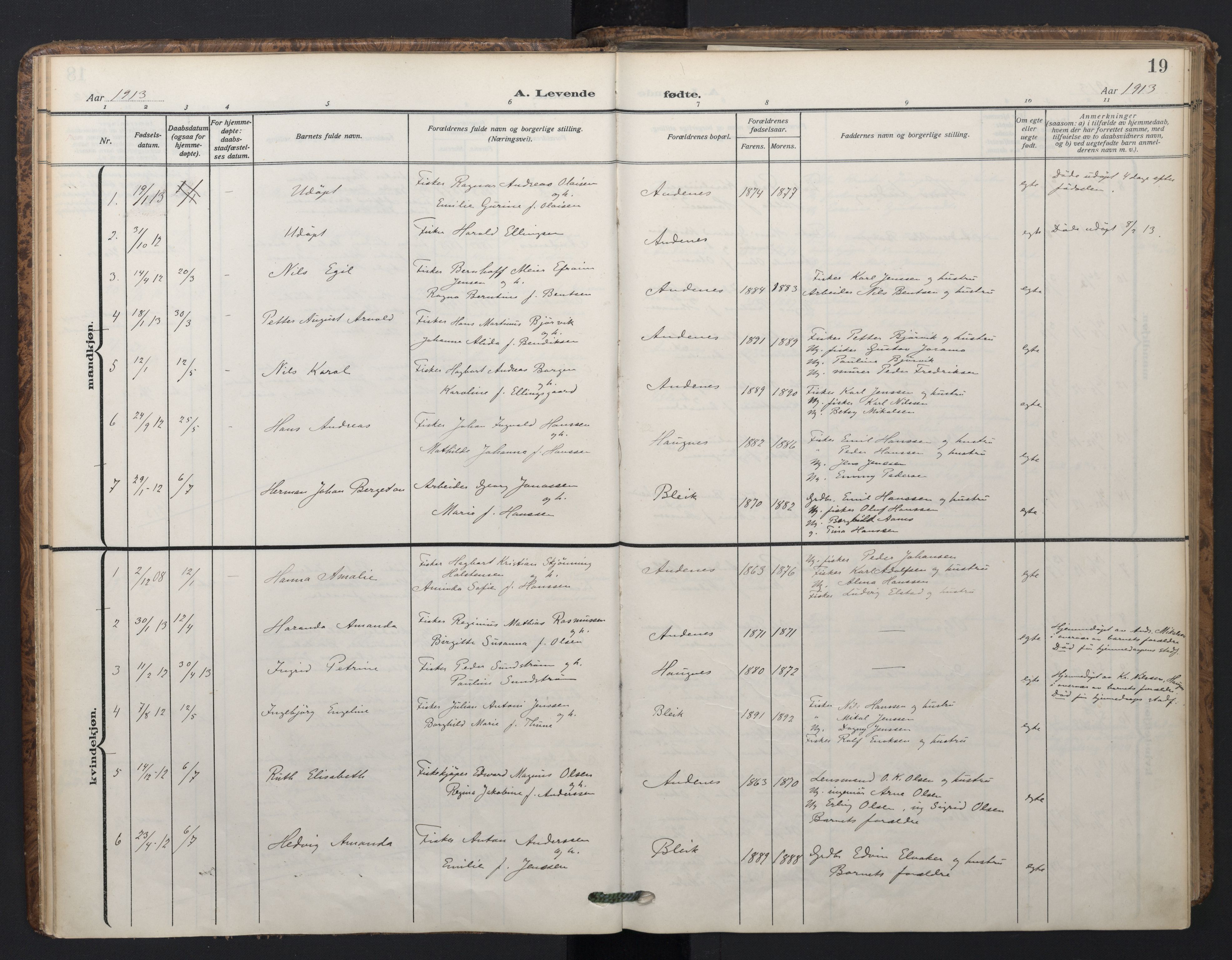 Ministerialprotokoller, klokkerbøker og fødselsregistre - Nordland, SAT/A-1459/899/L1438: Parish register (official) no. 899A06, 1909-1922, p. 19