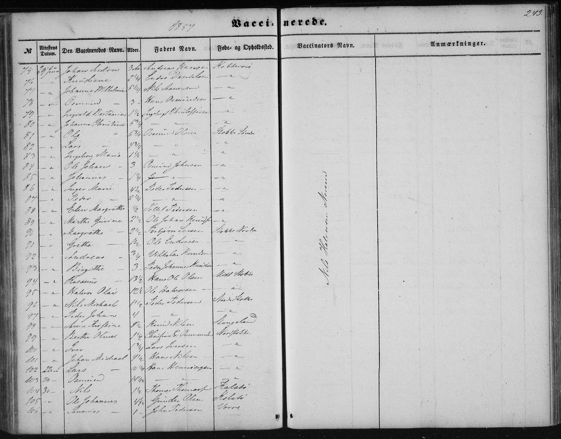 Avaldsnes sokneprestkontor, AV/SAST-A -101851/H/Ha/Haa/L0009: Parish register (official) no. A 9, 1853-1865, p. 243