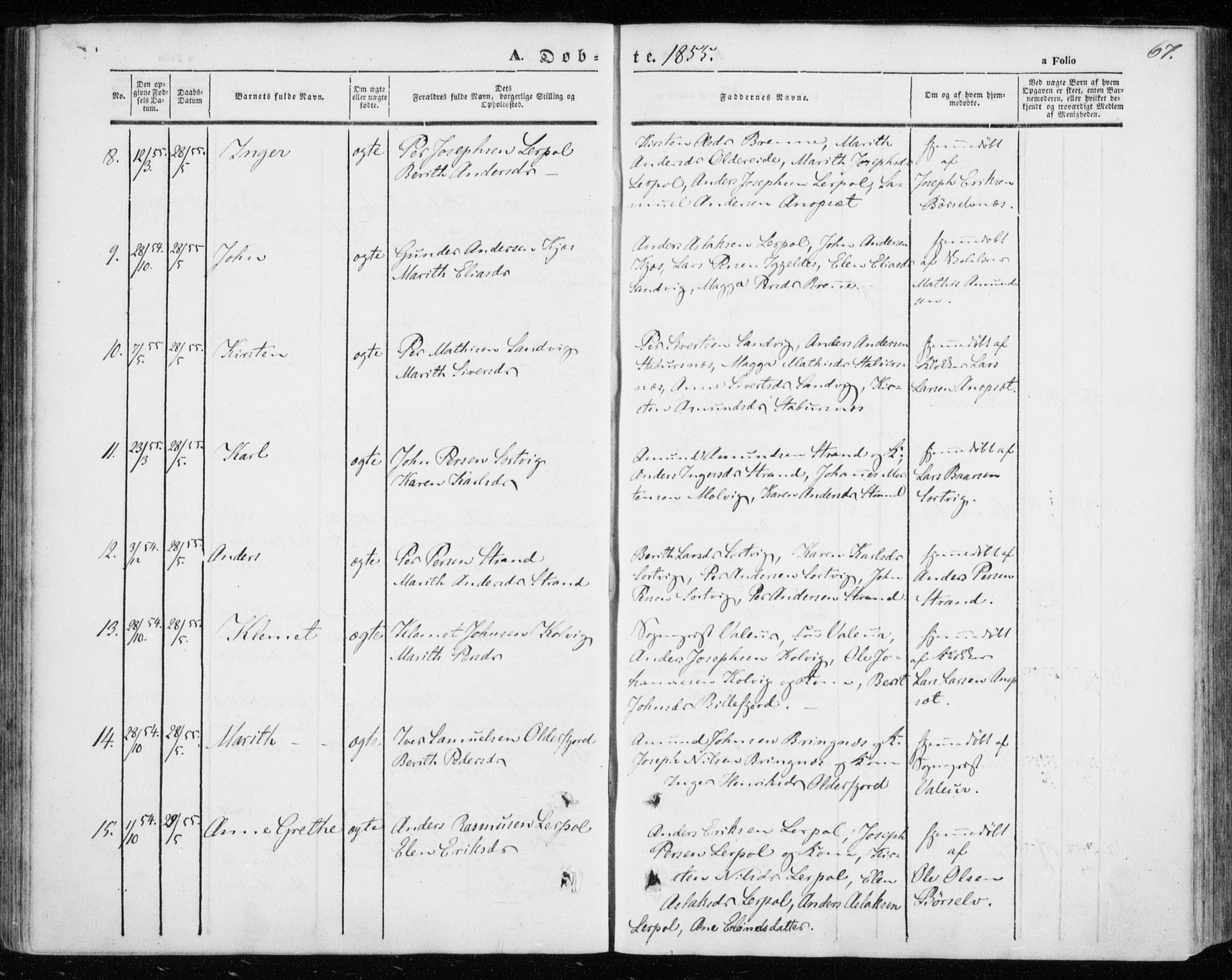 Kistrand/Porsanger sokneprestembete, AV/SATØ-S-1351/H/Ha/L0004.kirke: Parish register (official) no. 4, 1843-1860, p. 67