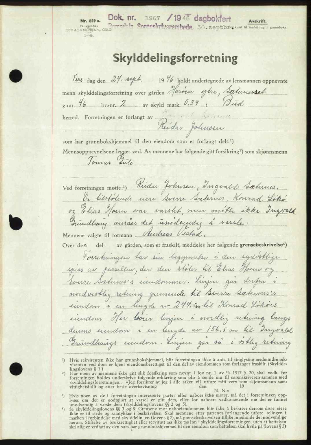 Romsdal sorenskriveri, AV/SAT-A-4149/1/2/2C: Mortgage book no. A21, 1946-1946, Diary no: : 1967/1946