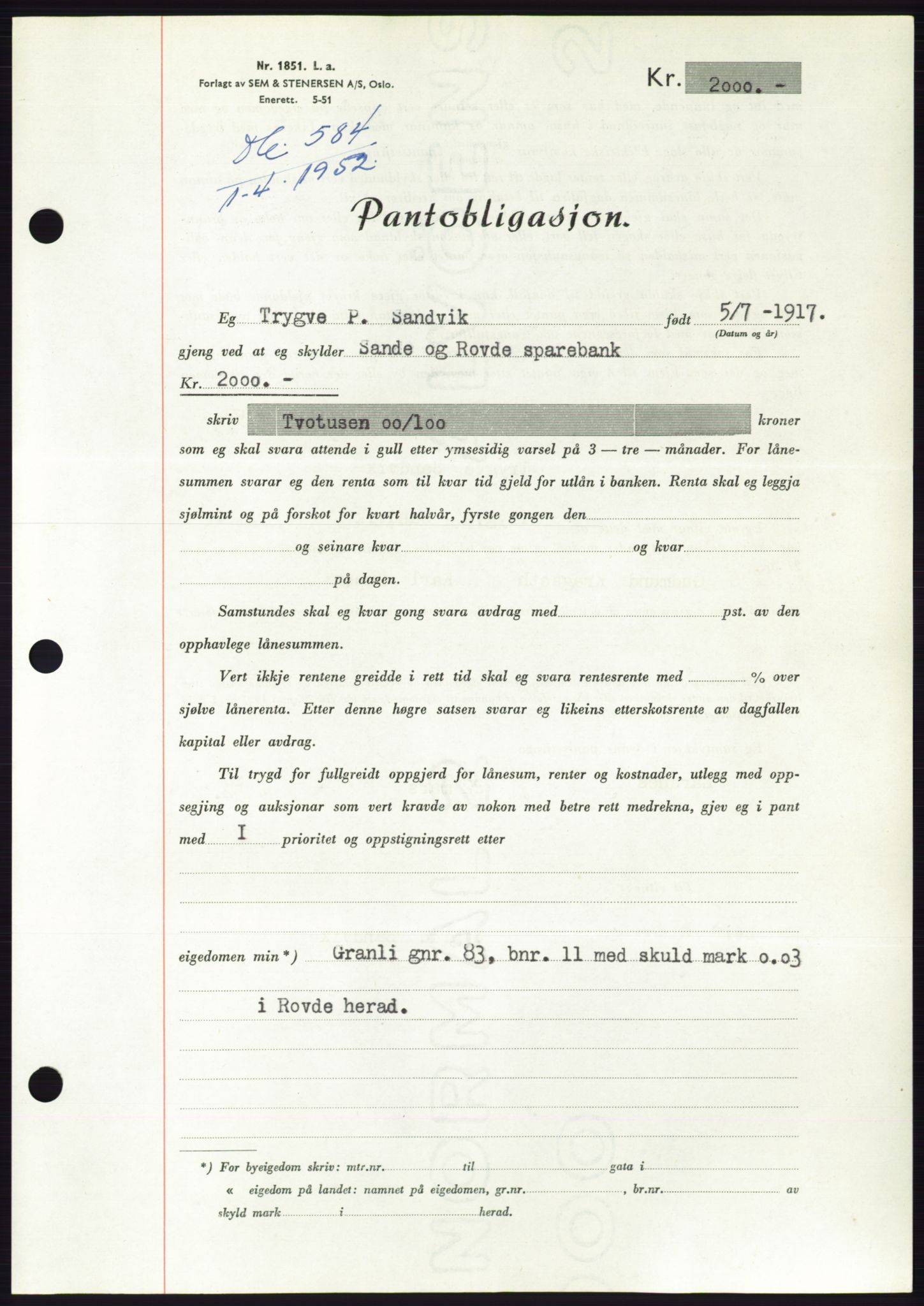 Søre Sunnmøre sorenskriveri, AV/SAT-A-4122/1/2/2C/L0121: Mortgage book no. 9B, 1951-1952, Diary no: : 584/1952