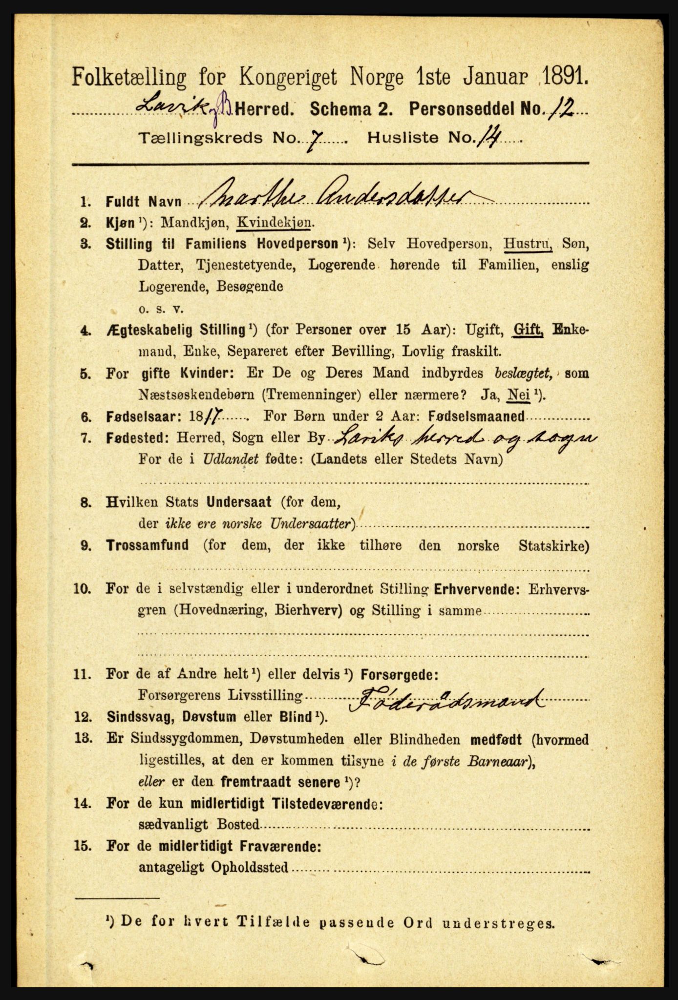 RA, 1891 census for 1415 Lavik og Brekke, 1891, p. 1453