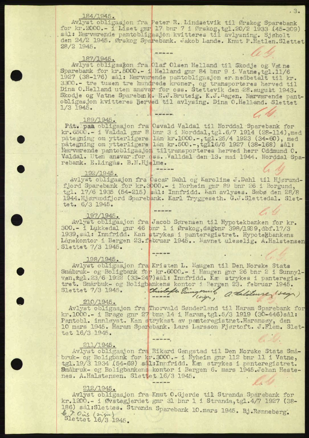 Nordre Sunnmøre sorenskriveri, SAT/A-0006/1/2/2C/2Ca: Mortgage book no. B6-14 a, 1942-1945, Diary no: : 184/1945