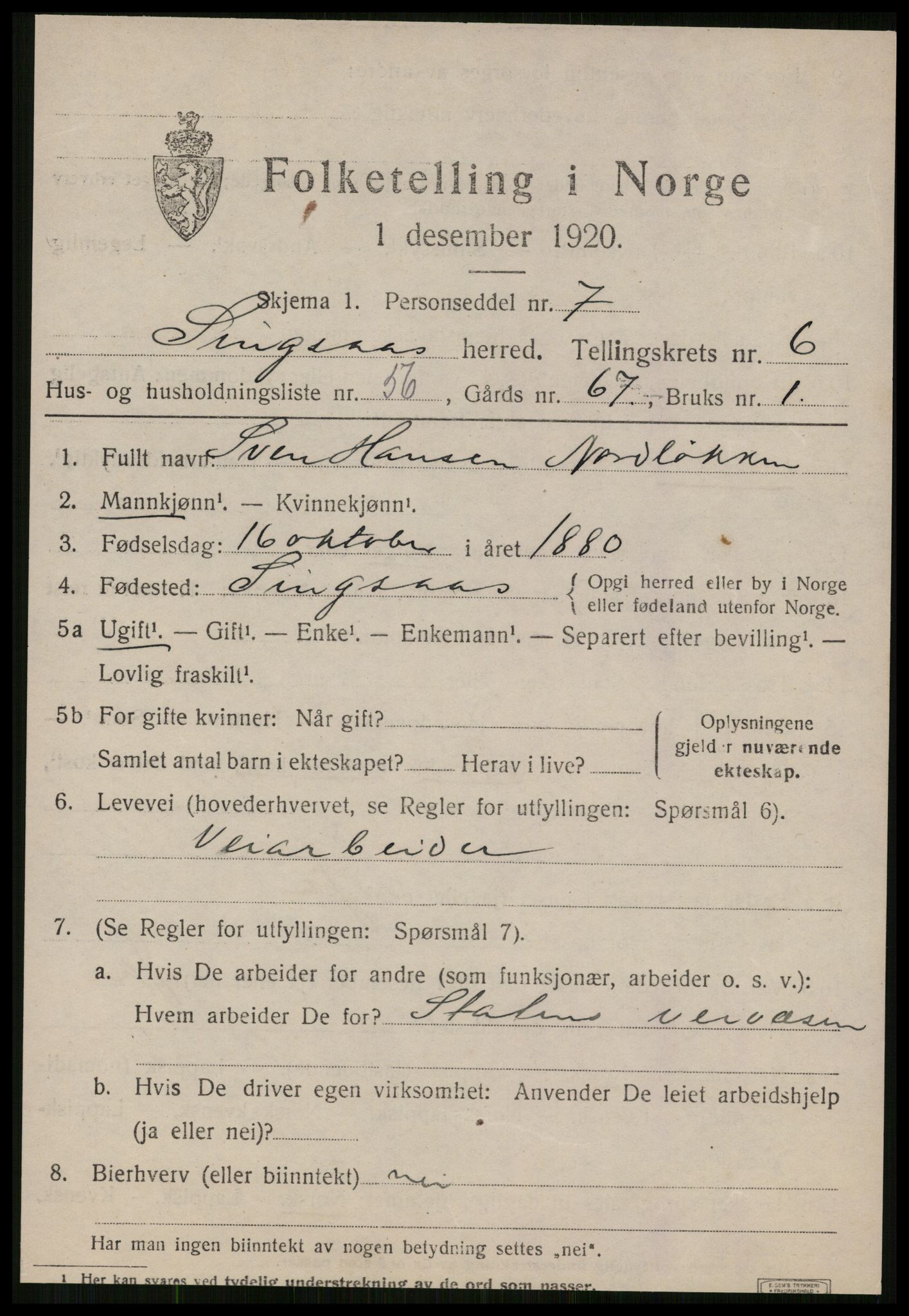 SAT, 1920 census for Singsås, 1920, p. 4011