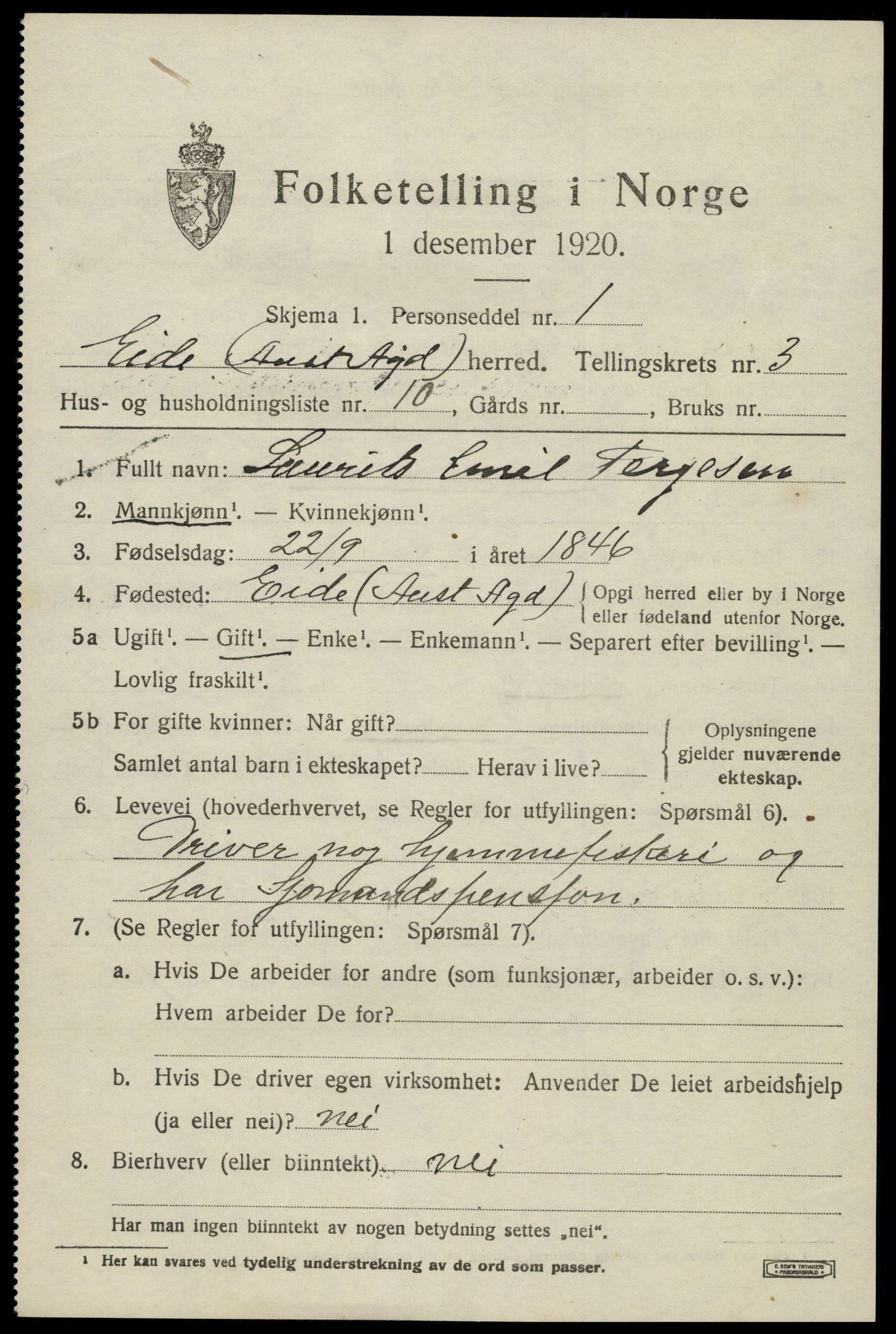 SAK, 1920 census for Eide, 1920, p. 1020