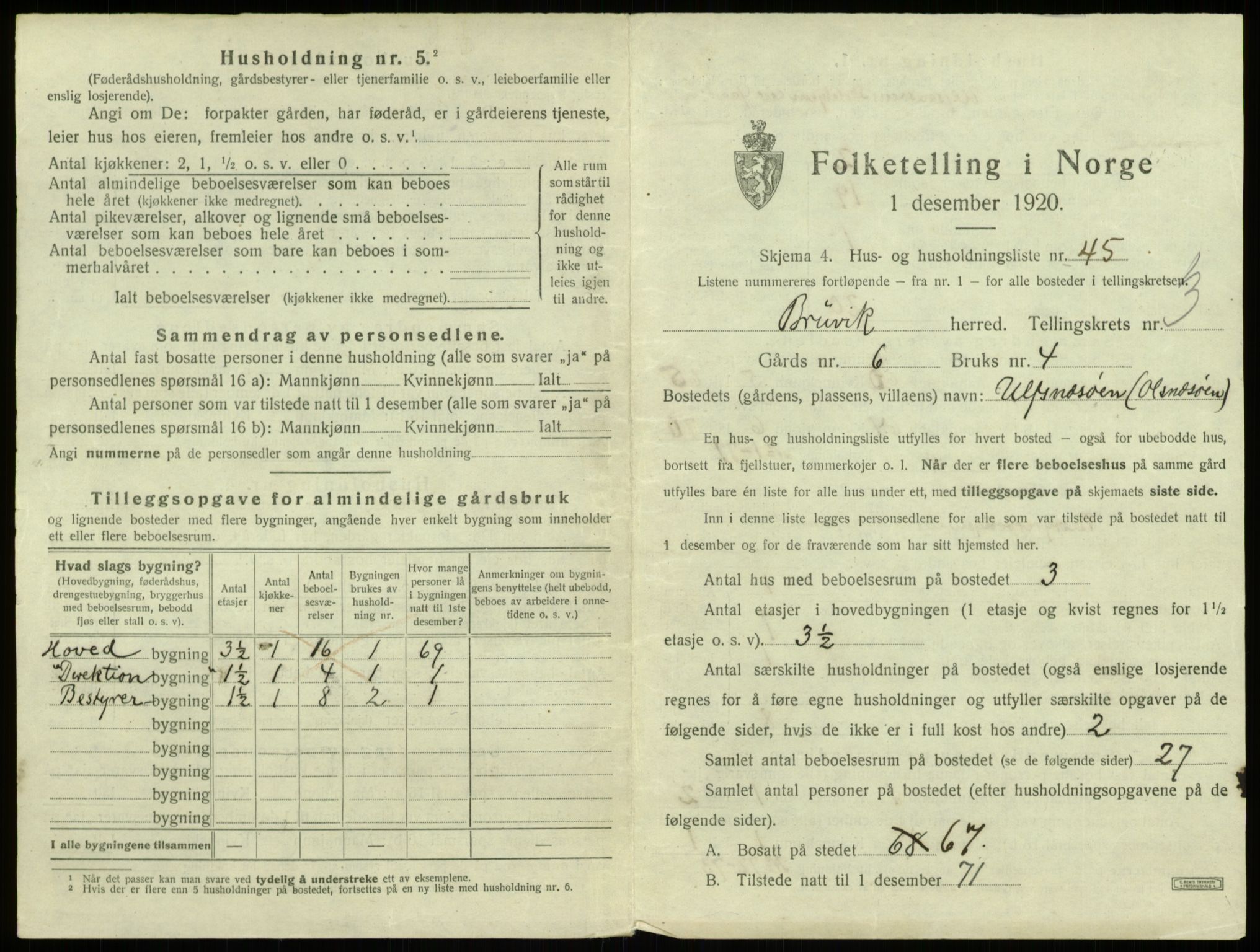 SAB, 1920 census for Bruvik, 1920, p. 235