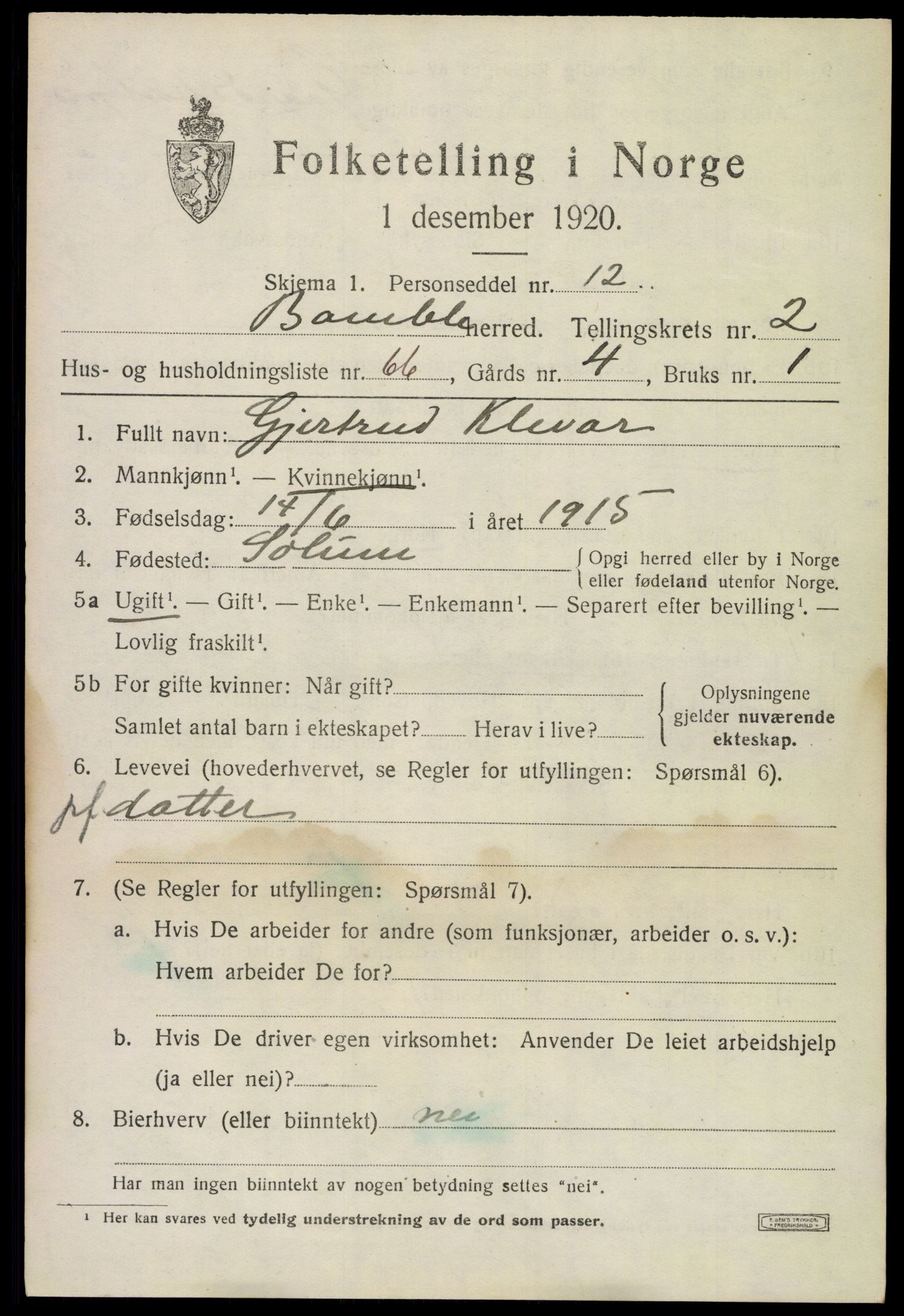 SAKO, 1920 census for Bamble, 1920, p. 3691