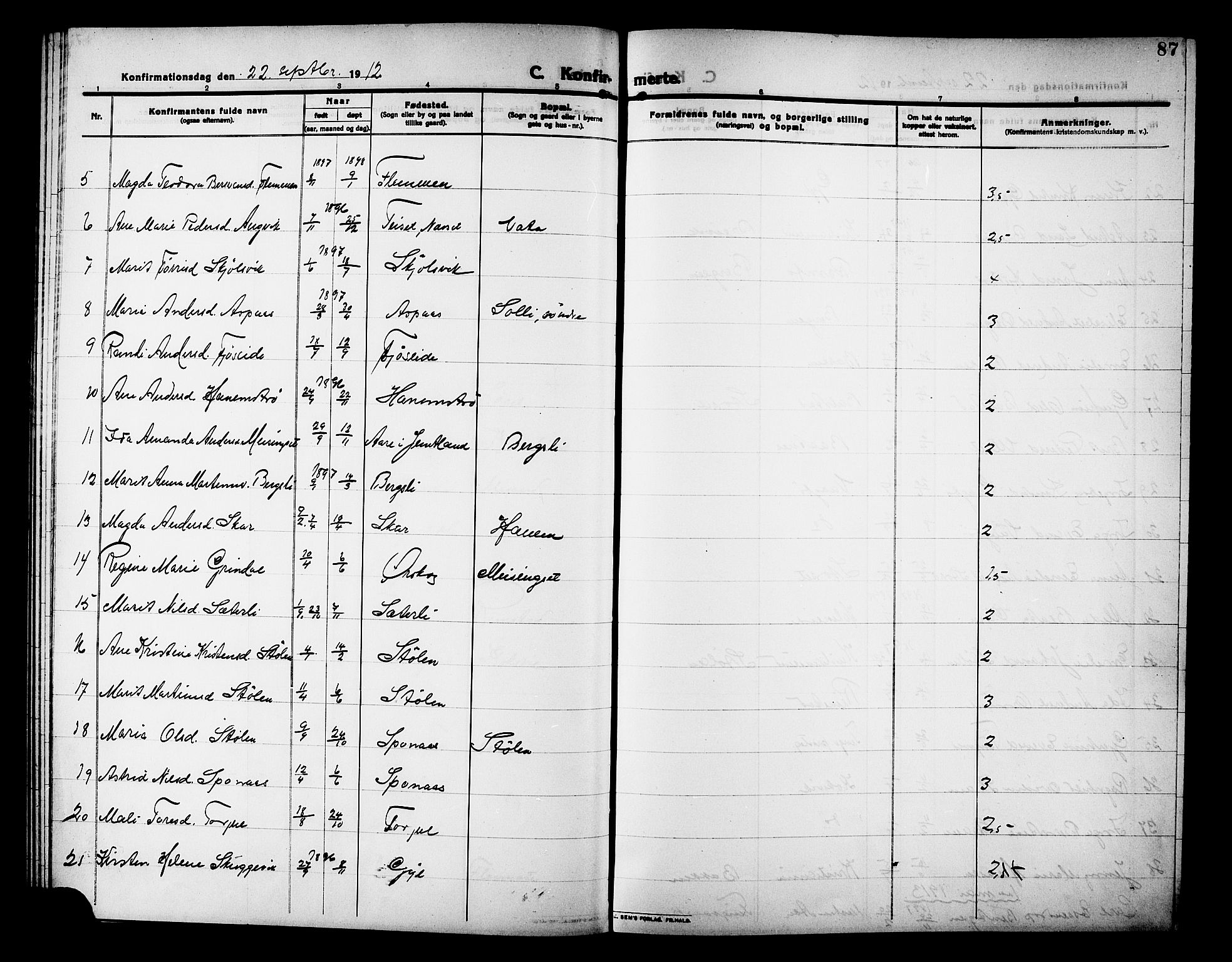 Ministerialprotokoller, klokkerbøker og fødselsregistre - Møre og Romsdal, AV/SAT-A-1454/586/L0993: Parish register (copy) no. 586C04, 1910-1918, p. 87