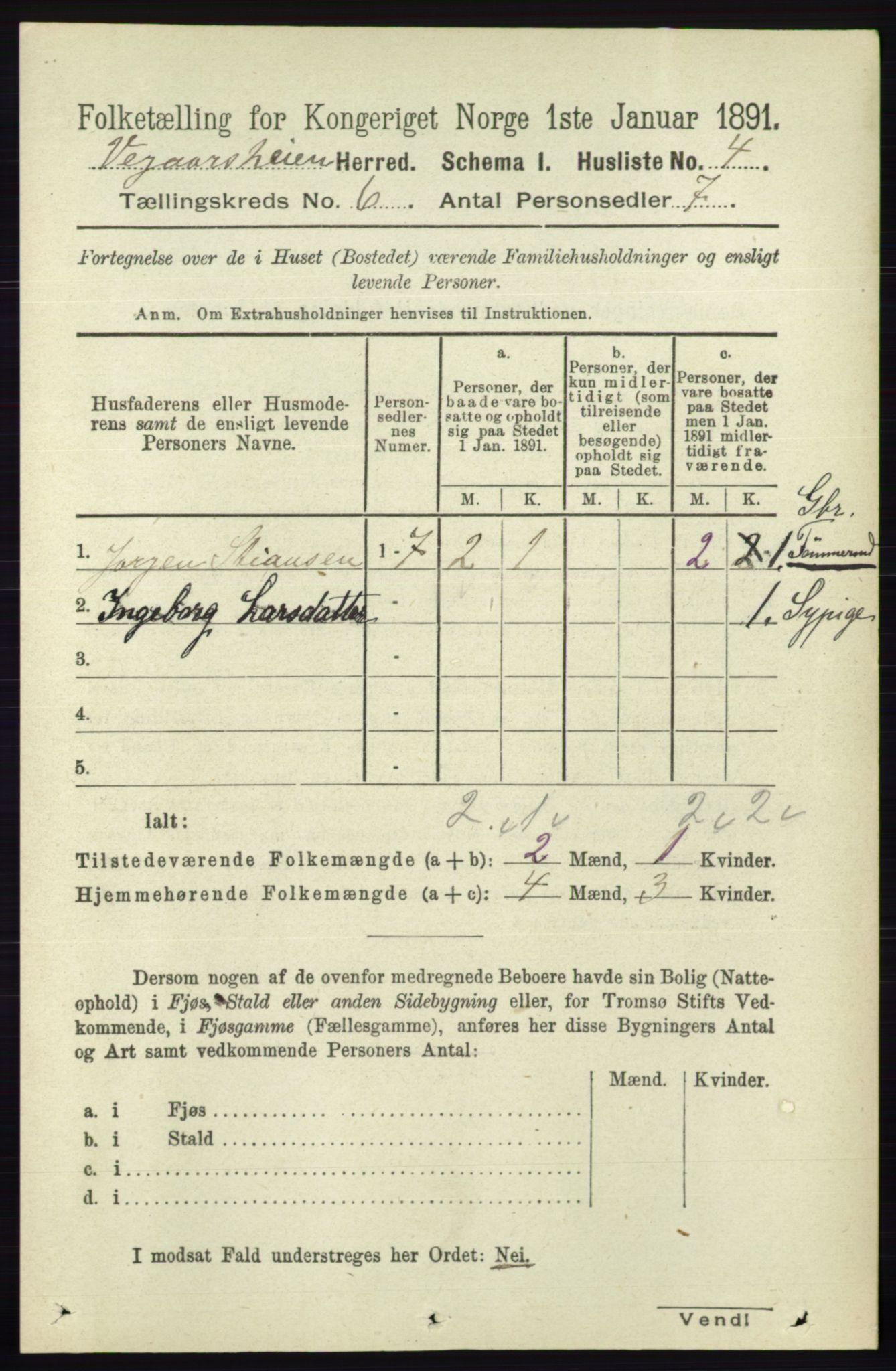 RA, 1891 census for 0912 Vegårshei, 1891, p. 1145