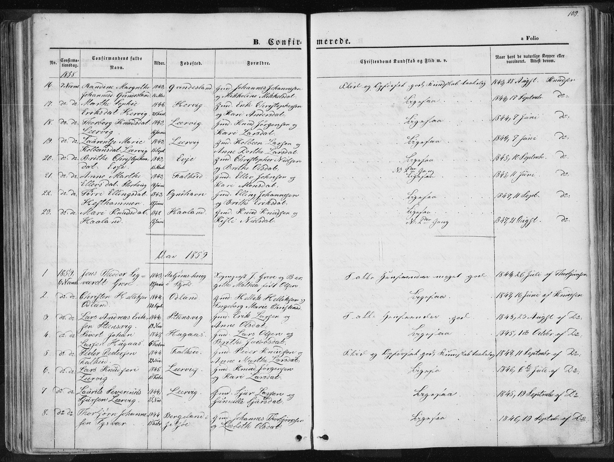 Tysvær sokneprestkontor, SAST/A -101864/H/Ha/Haa/L0003: Parish register (official) no. A 3, 1856-1865, p. 109