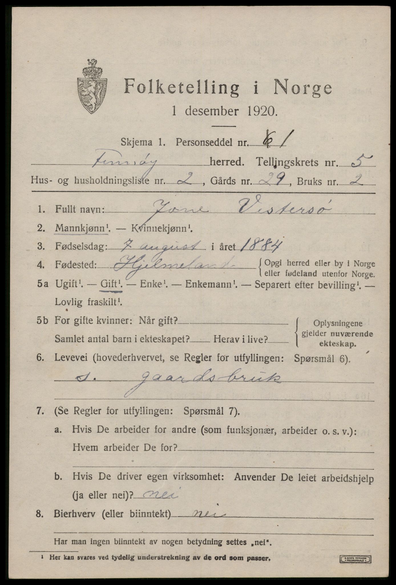 SAST, 1920 census for Finnøy, 1920, p. 2830