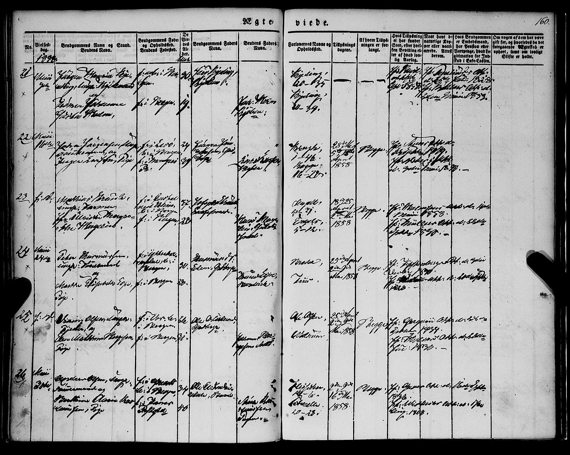 Nykirken Sokneprestembete, AV/SAB-A-77101/H/Haa/L0031: Parish register (official) no. D 1, 1834-1861, p. 160