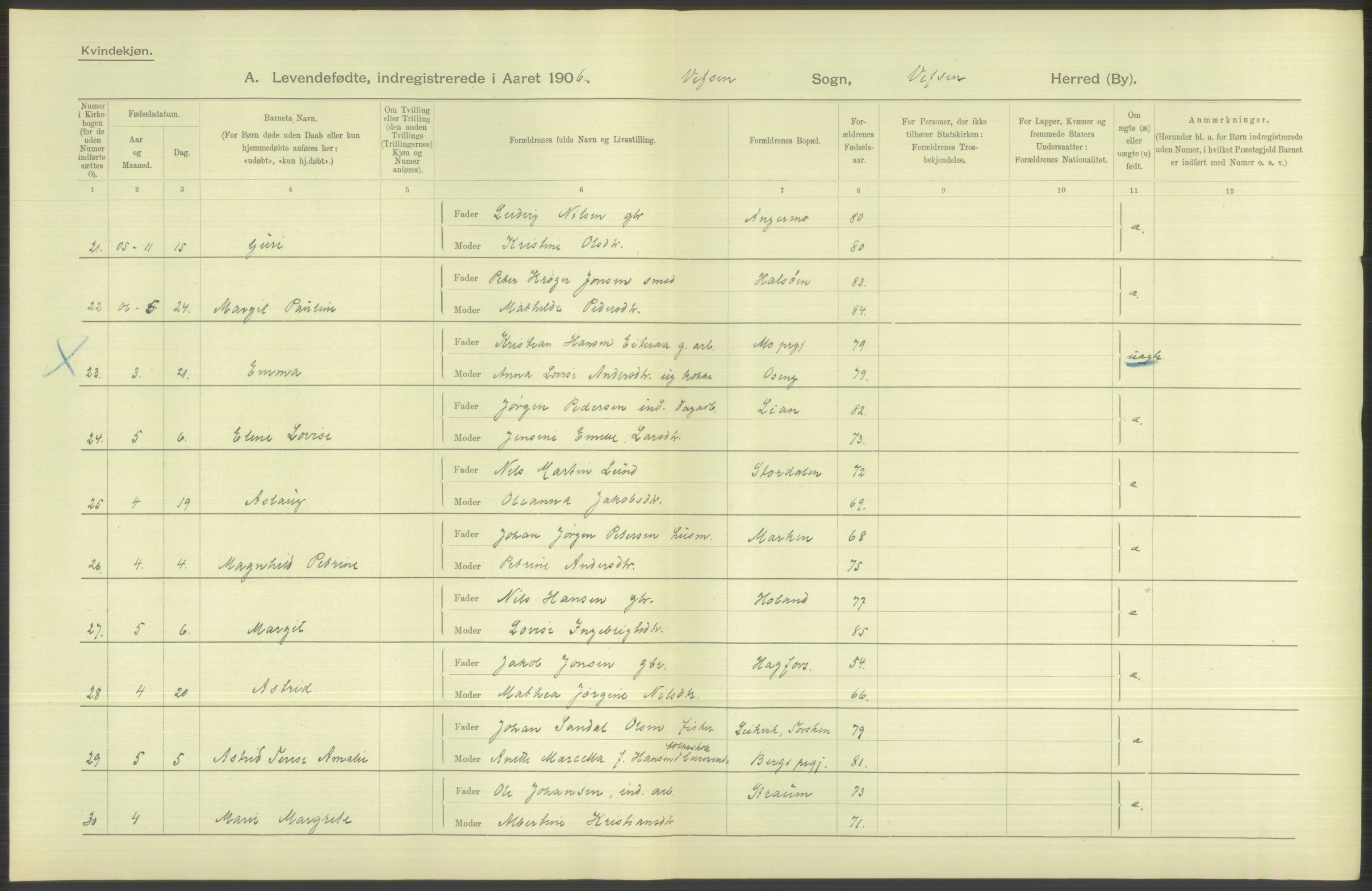 Statistisk sentralbyrå, Sosiodemografiske emner, Befolkning, AV/RA-S-2228/D/Df/Dfa/Dfad/L0043: Nordlands amt: Levendefødte menn og kvinner. Bygder., 1906, p. 50