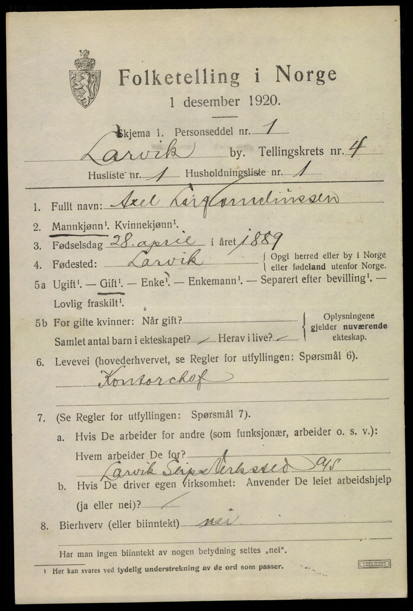 SAKO, 1920 census for Larvik, 1920, p. 13462