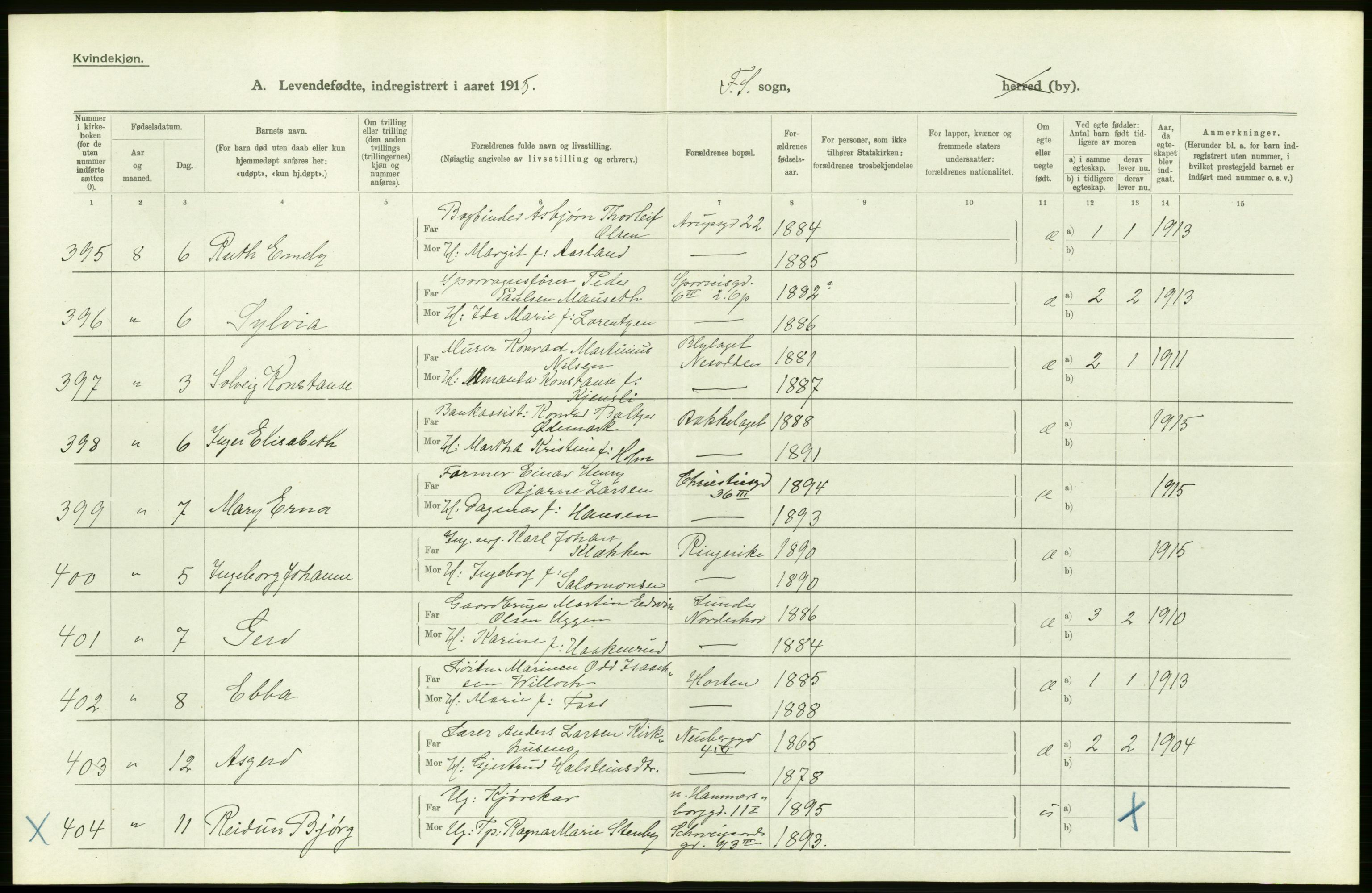 Statistisk sentralbyrå, Sosiodemografiske emner, Befolkning, AV/RA-S-2228/D/Df/Dfb/Dfbe/L0007: Kristiania: Levendefødte menn og kvinner., 1915, p. 56