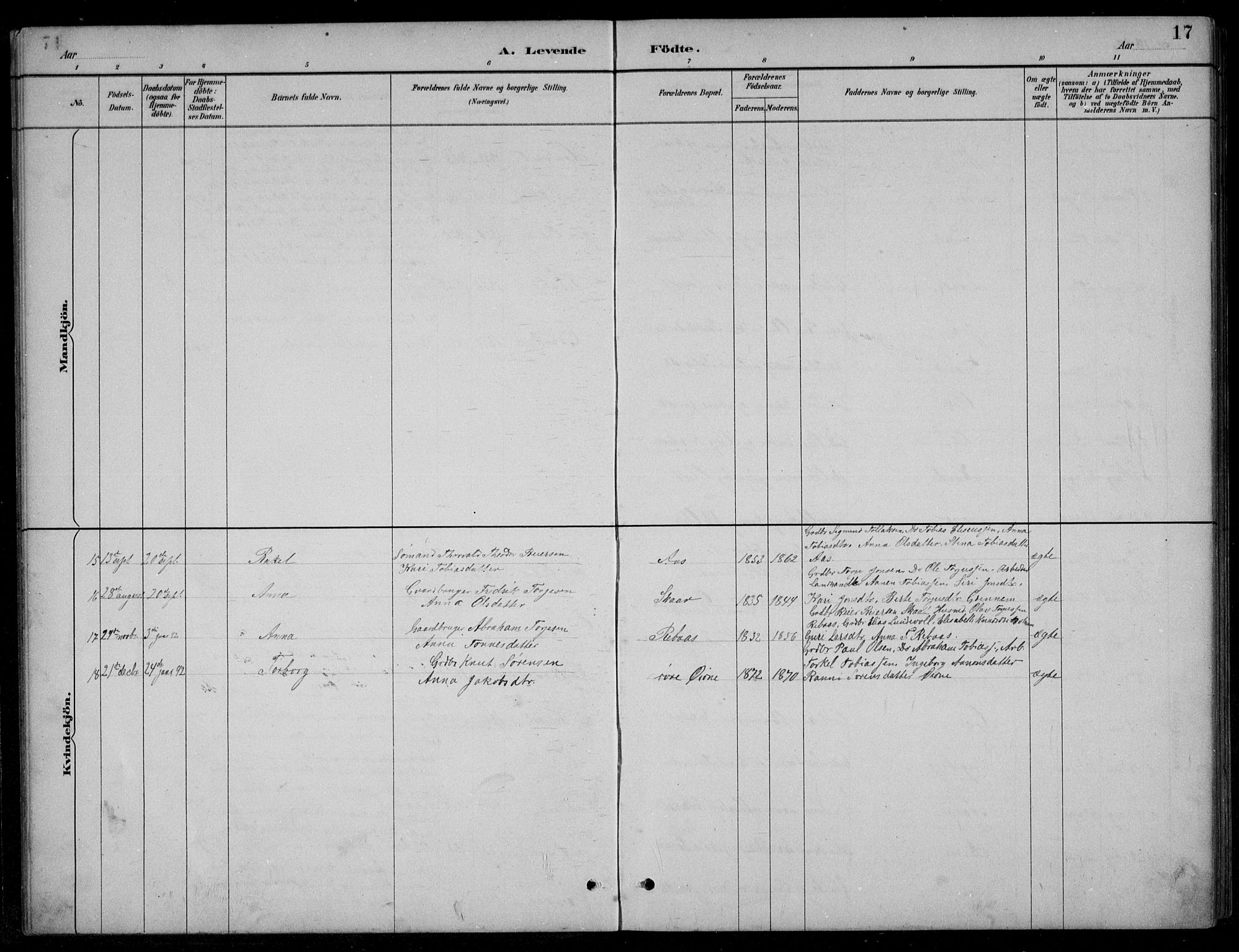 Bjelland sokneprestkontor, SAK/1111-0005/F/Fb/Fbc/L0003: Parish register (copy) no. B 3, 1887-1924, p. 17