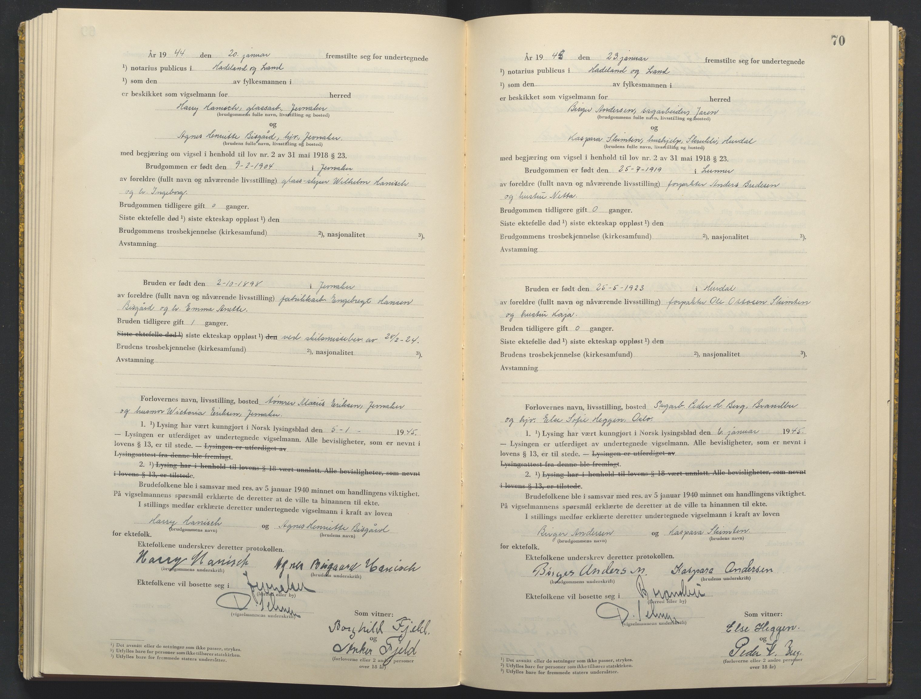 Hadeland og Land tingrett, AV/SAH-TING-010/L/Lb/L0003: Vigselbok, 1944-1946, p. 70