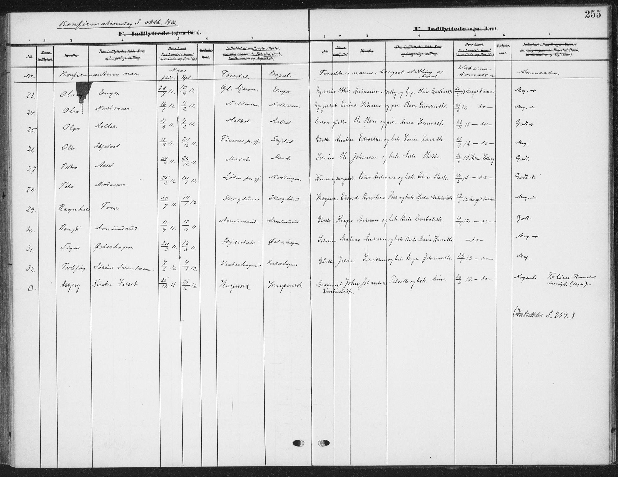 Romedal prestekontor, AV/SAH-PREST-004/K/L0009: Parish register (official) no. 9, 1906-1929, p. 255