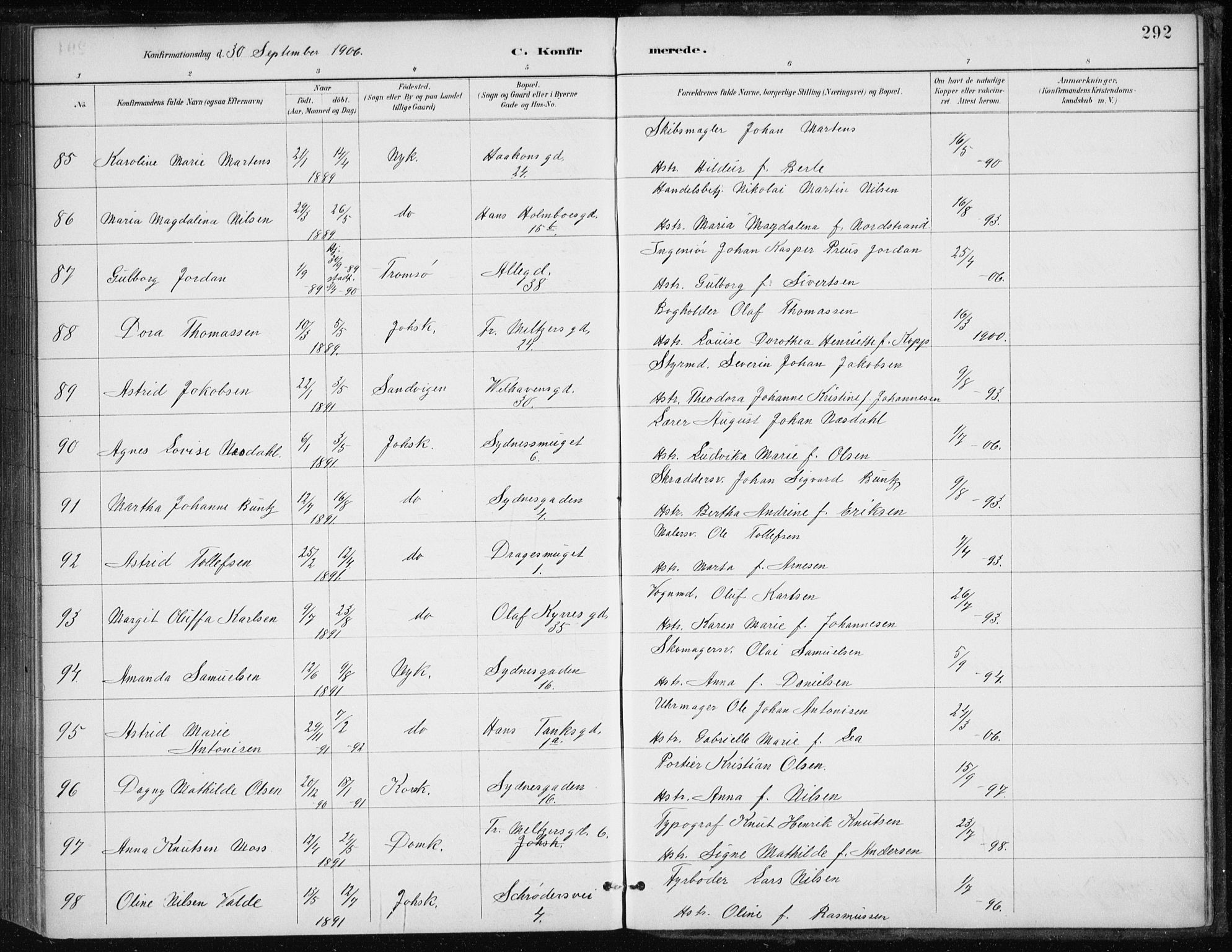 Johanneskirken sokneprestembete, AV/SAB-A-76001/H/Haa/L0008: Parish register (official) no. C 1, 1885-1907, p. 292