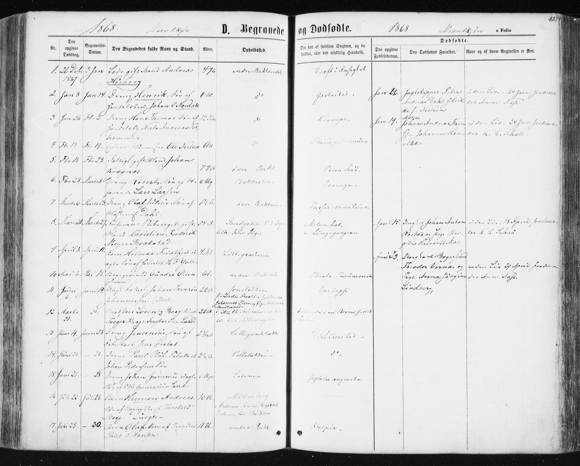 Ministerialprotokoller, klokkerbøker og fødselsregistre - Sør-Trøndelag, SAT/A-1456/604/L0186: Parish register (official) no. 604A07, 1866-1877, p. 427