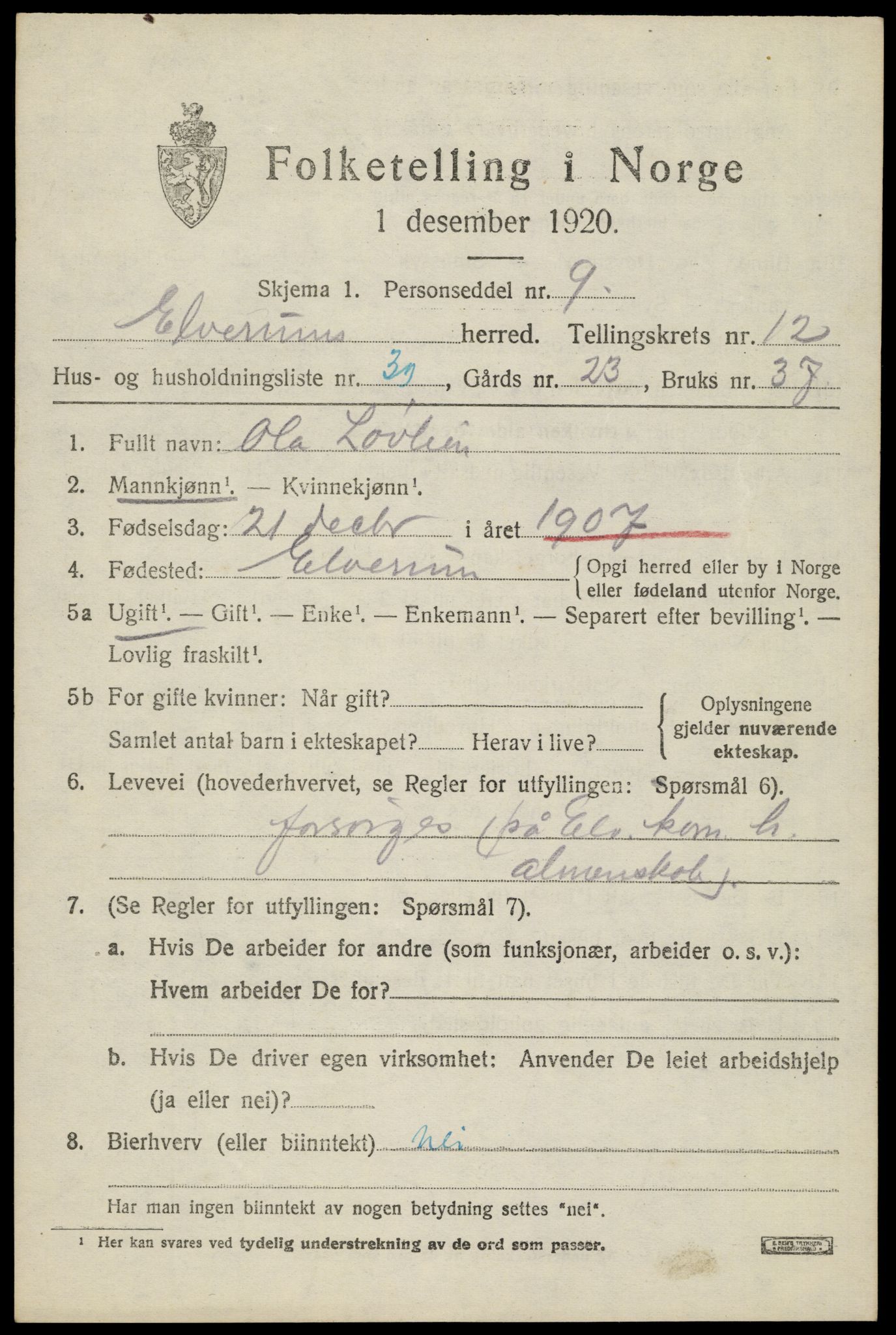 SAH, 1920 census for Elverum, 1920, p. 17362