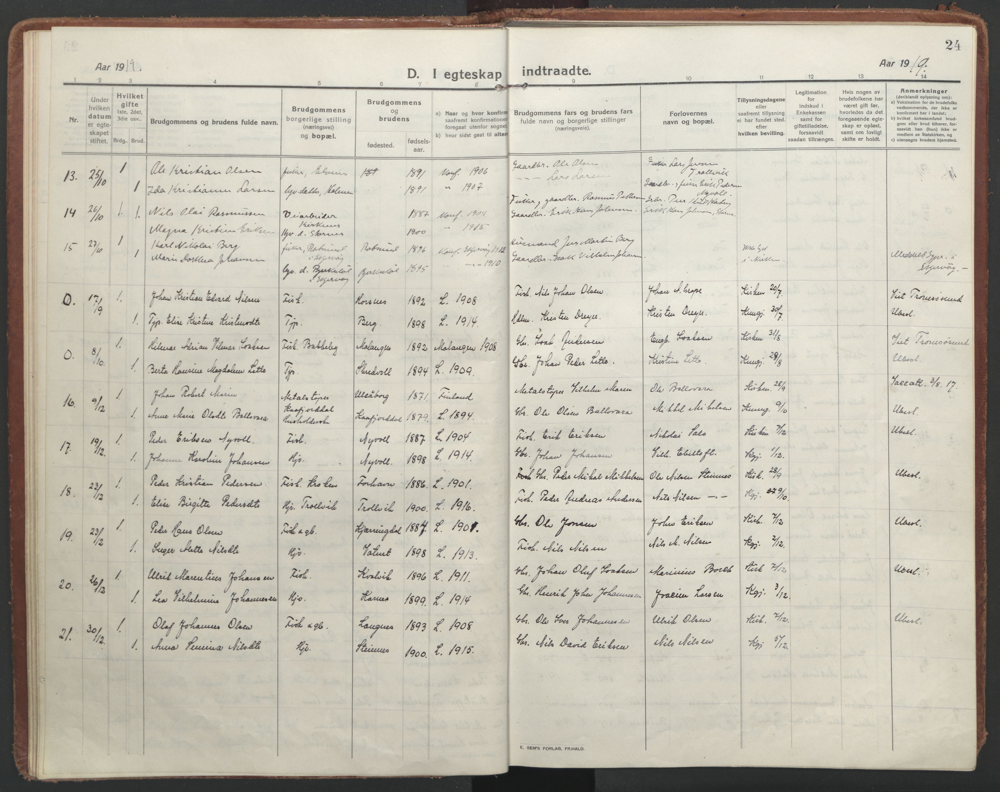 Lyngen sokneprestembete, AV/SATØ-S-1289/H/He/Hea/L0013kirke: Parish register (official) no. 13, 1914-1923, p. 24